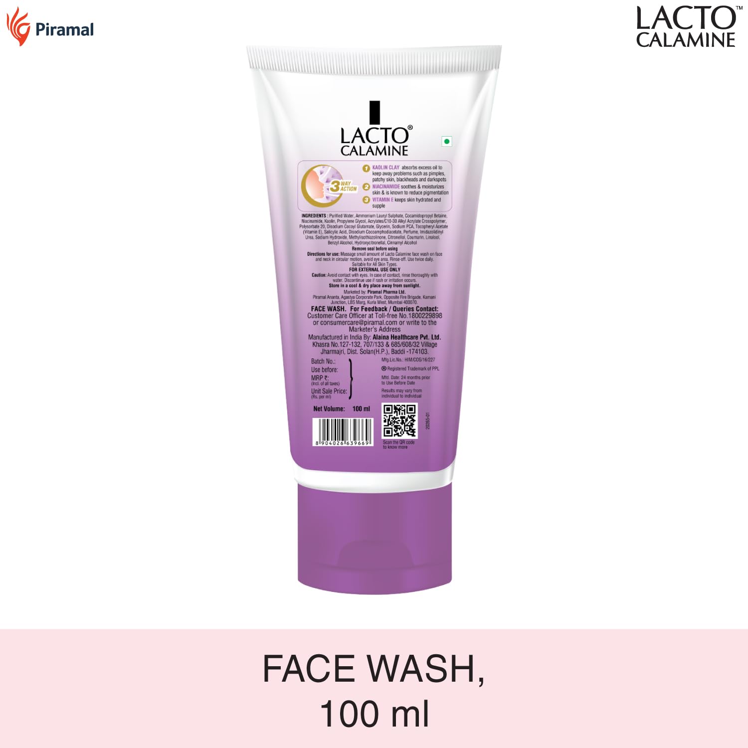 Lacto Calamine Face Wash for Oily Skin - 100ml with Kaolin Clay, Niacinamide & Vitamin E | Reduces Excess Oil, Controls Acne, Blackheads & Whiteheads | Gentle Cleanser for Men & Women | Perfect for Daily Skincare & Acne-Prone Skin