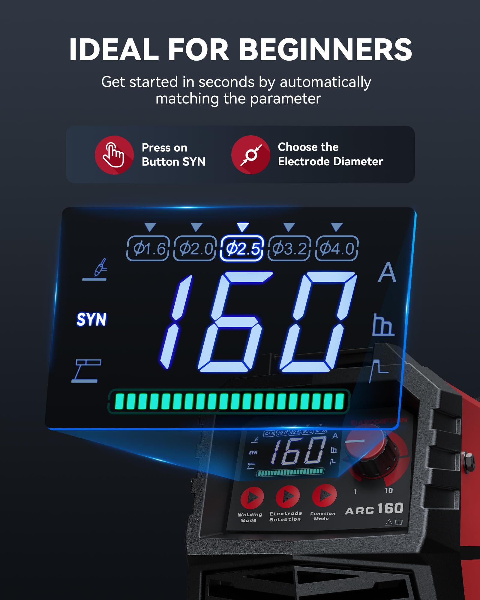ARCCAPTAIN 110V/220V 160Amp IGBT Inverter Stick Welder - Portable MMA Welding Machine with Synergic Control, Large LED Display, Lift TIG, Hot Start, Arc Force & Anti-Stick - Ideal for Home DIY, Metal Fabrication, Auto Repair & Construction Projects