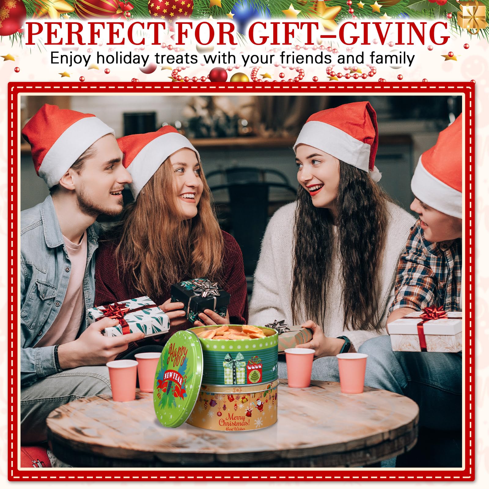 12 Pack Christmas Cookie Tins with Lids - Round Metal Holiday Gift Containers for Cookies, Candies & Party Favors - Classic Style Xmas Cookie Jars for Gift Giving, Baking & Holiday Decorations