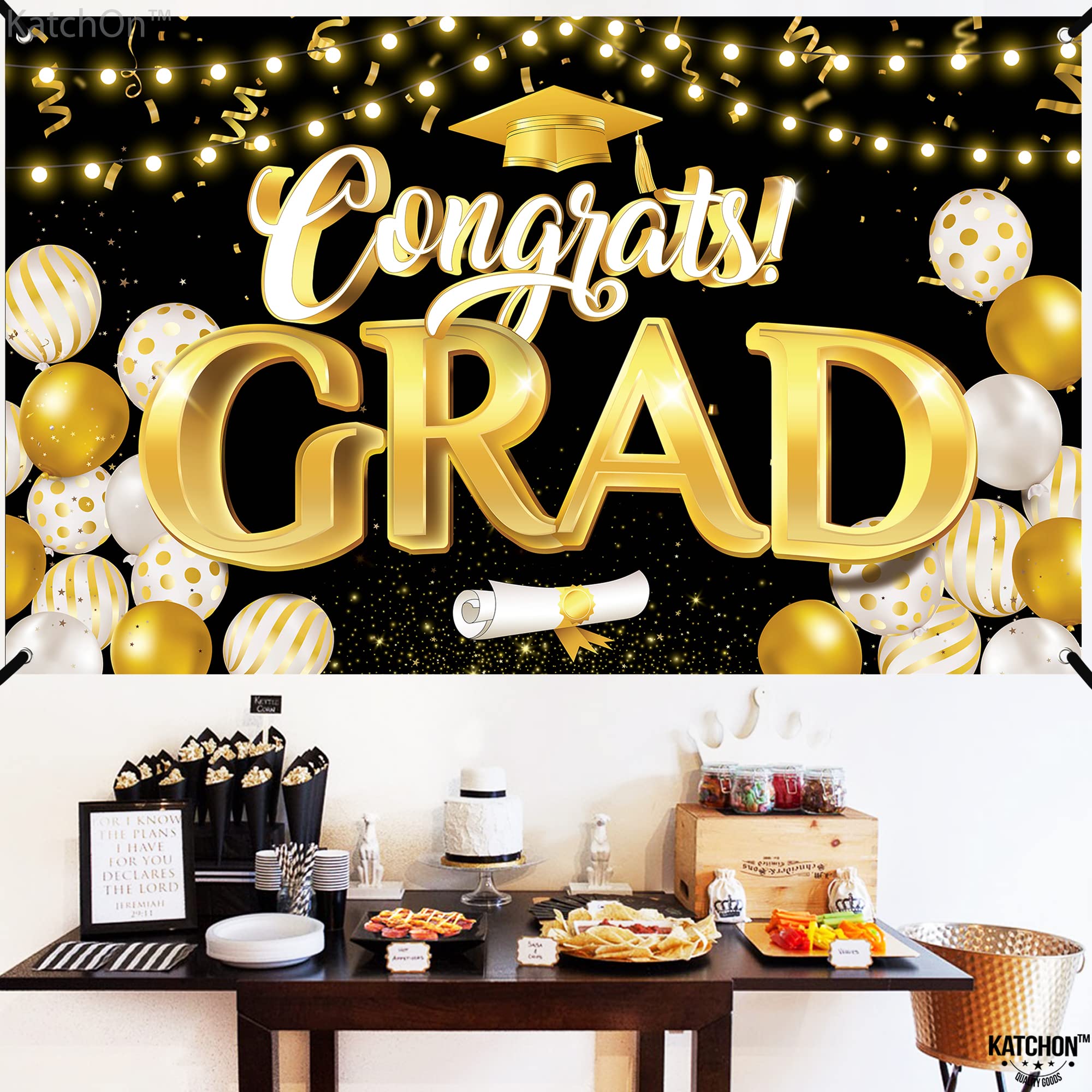 KatchOn Black & Gold Extra Large Graduation Banner 72x44 Inch - Class of 2025 Party Decor, Backdrop for Graduation Ceremony | Perfect for Graduation Party Decorations, Photo Booth Background, School Events & Home Celebration