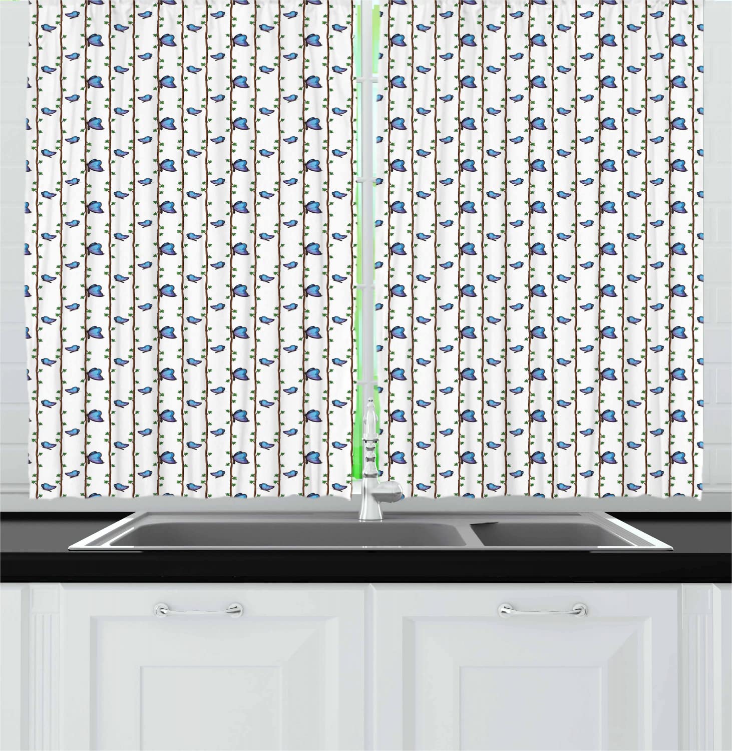 Ambesonne Butterfly Long Kitchen Curtains - Blue Winged Butterflies on Branches with Green Leaves Nature Design - 2 Panel Rod Pocket Drapes 55