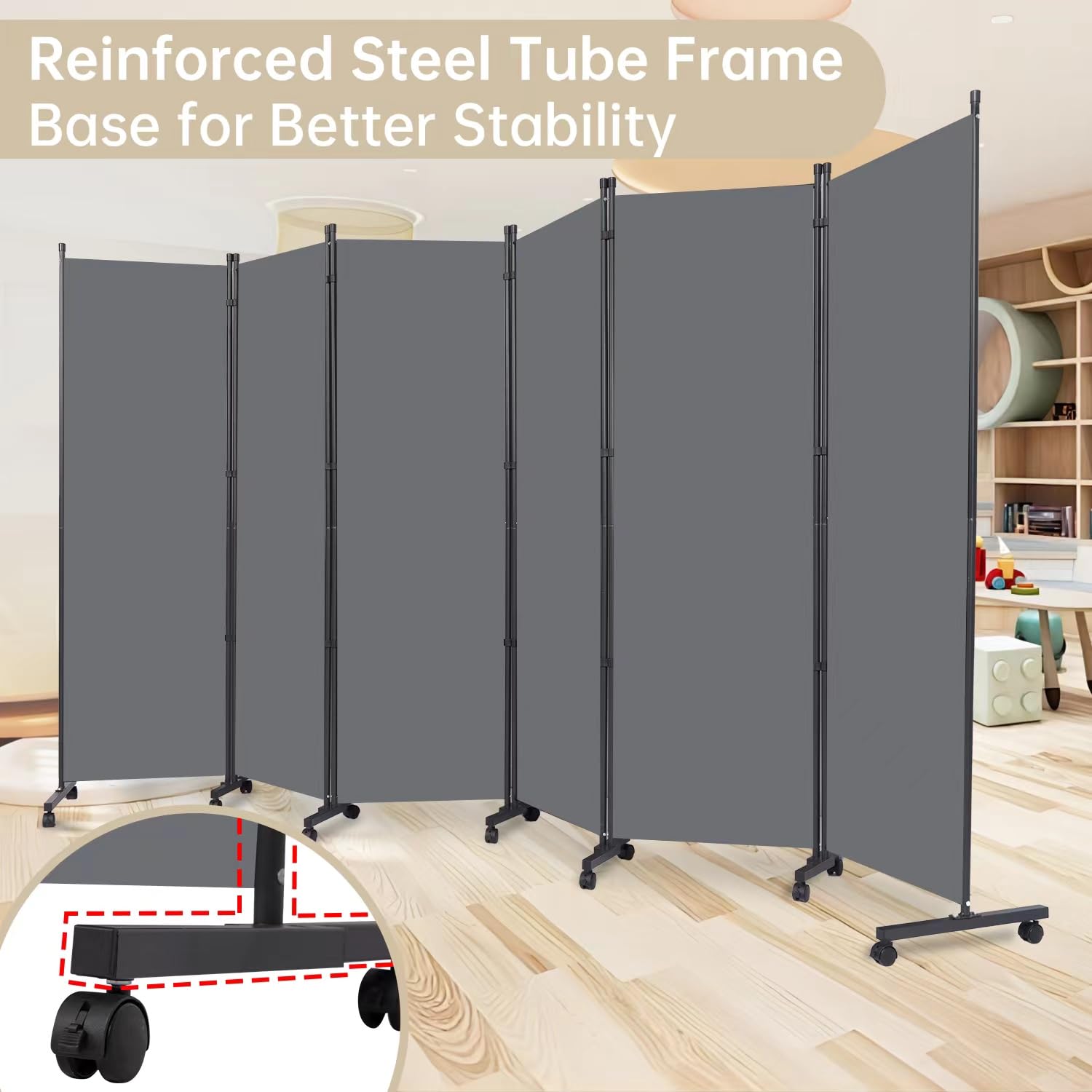 6 Panel Room Divider with Wheels - Portable Fabric Partition Screen for Office, Bedroom & Living Room - Privacy Room Separator for Home & Workspace Decor