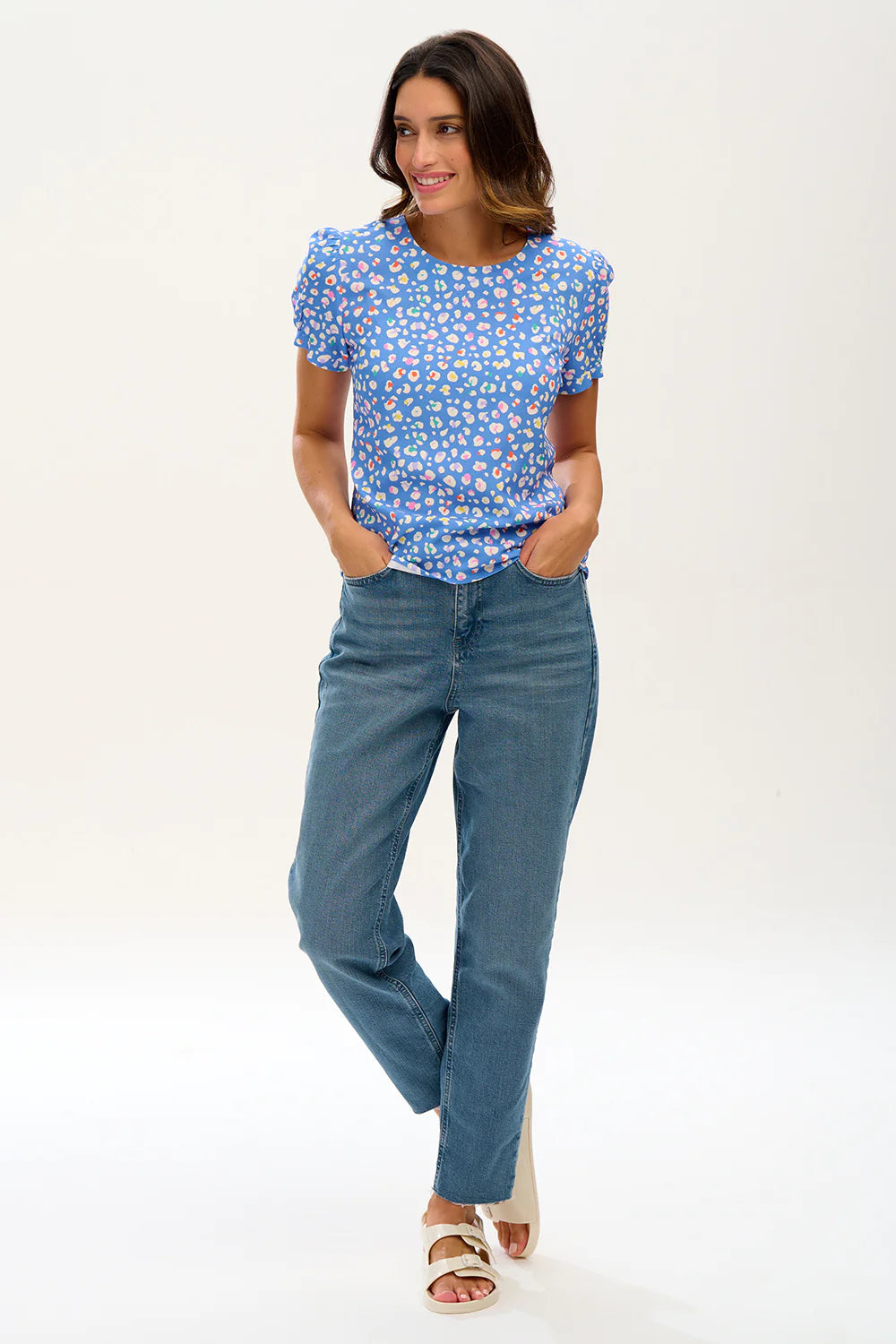 Lucinda Top - Blue & Rainbow Leopard Print Women's Blouse for Casual Wear, Party & Date Night Outfits