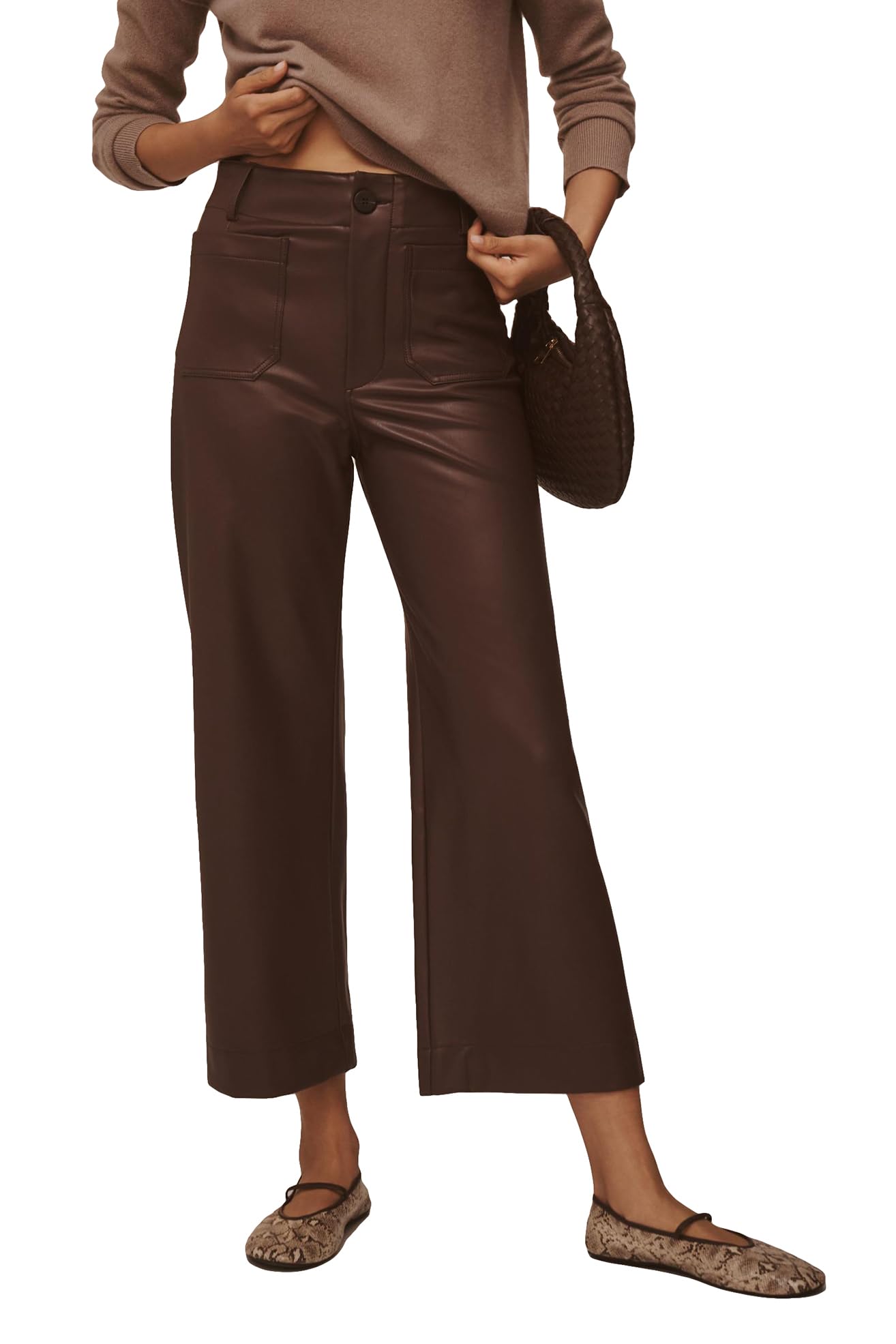 Women's High Waisted Faux Leather Pants - PU Wide Leg Trousers with Pockets | Straight Leg Stretch Pants for Work, Night Out & Casual Wear