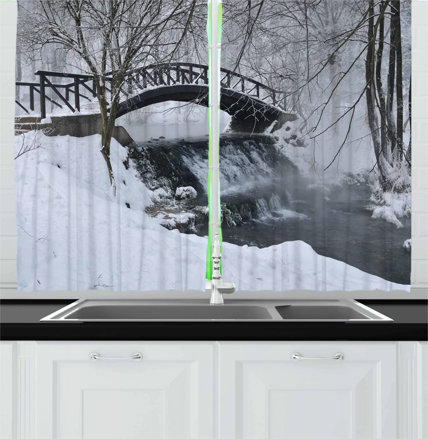Ambesonne Winter Long Kitchen Curtains - Snowy Wooden Bridge Over Frozen River Photography - 2 Panel Rod Pocket Drapes for Cozy Home Decor (55x45 Inches, White & Brown) | Perfect for Farmhouse, Cabin & Winter-Themed Room Decor