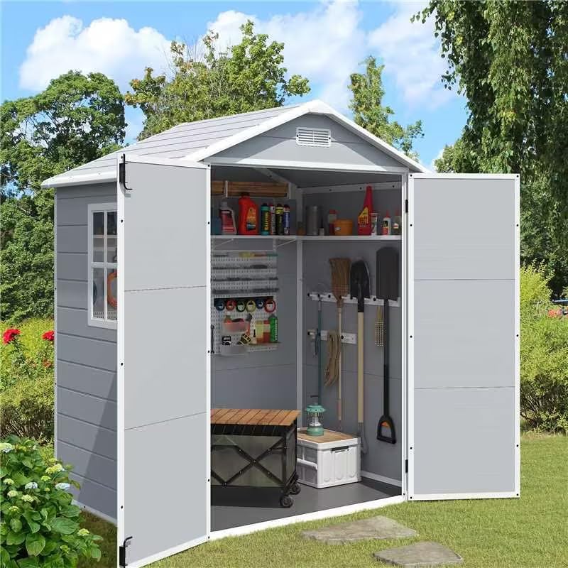 JUMMICO 6x4 FT Outdoor Storage Shed - Durable Resin Garden Shed with Floor & Lockable Door - Weatherproof Plastic Tool Shed for Patio, Backyard, Lawn & Garage Organization (Perfect for Storing Gardening Tools, Lawn Equipment & Seasonal Items)