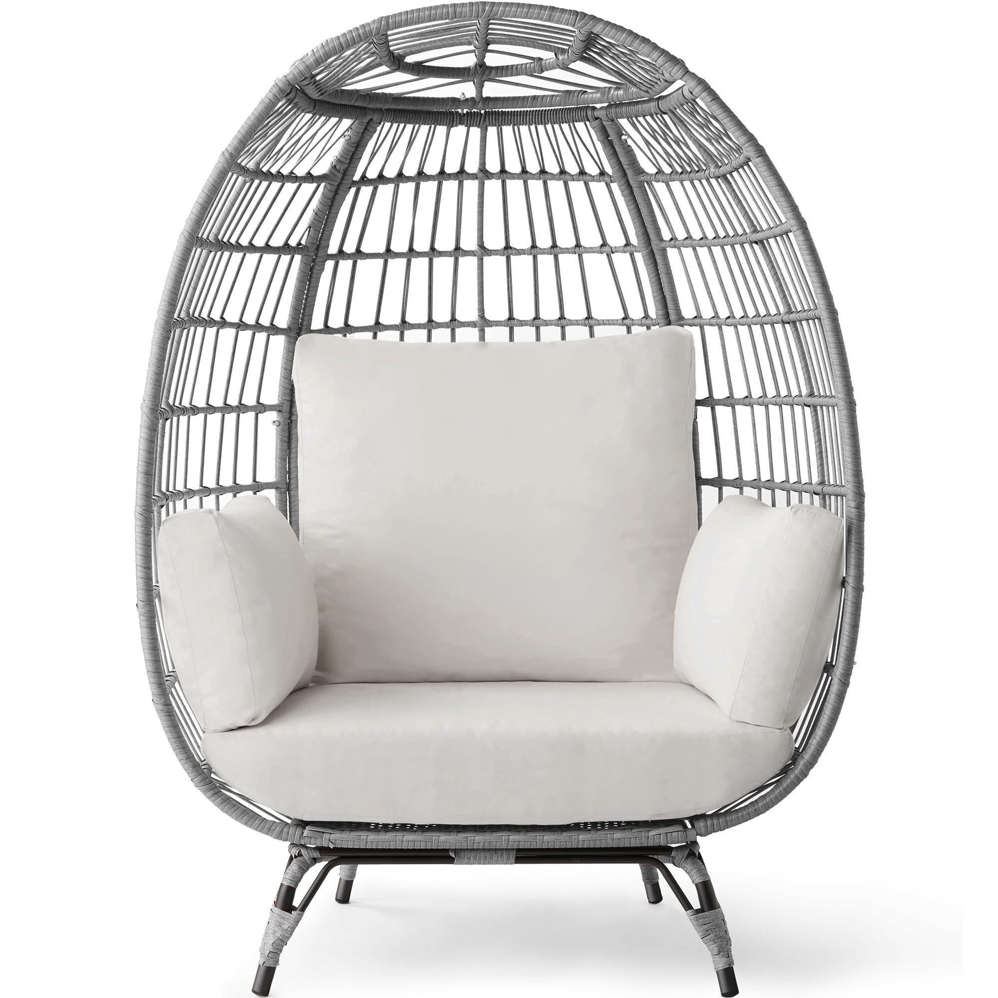 Best Choice Products Oversized Wicker Egg Chair - Indoor/Outdoor Hanging Lounge Chair with 4 Cushions & Steel Frame (440lb Capacity) - Gray/White Sand - Perfect for Patio, Backyard, Living Room, Garden Relaxation