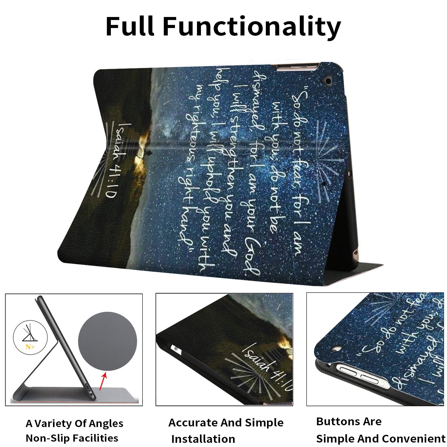 Premium iPad 9.7 Case (2018/2017) 6th/5th Generation - Adjustable Non-Slip Folio Stand with Auto Wake/Sleep Smart Cover for Apple iPad 6/5 & iPad Air 1/2 - Bible Verse Isaiah 41:10 Design - Perfect for Work, Study & Travel Protection