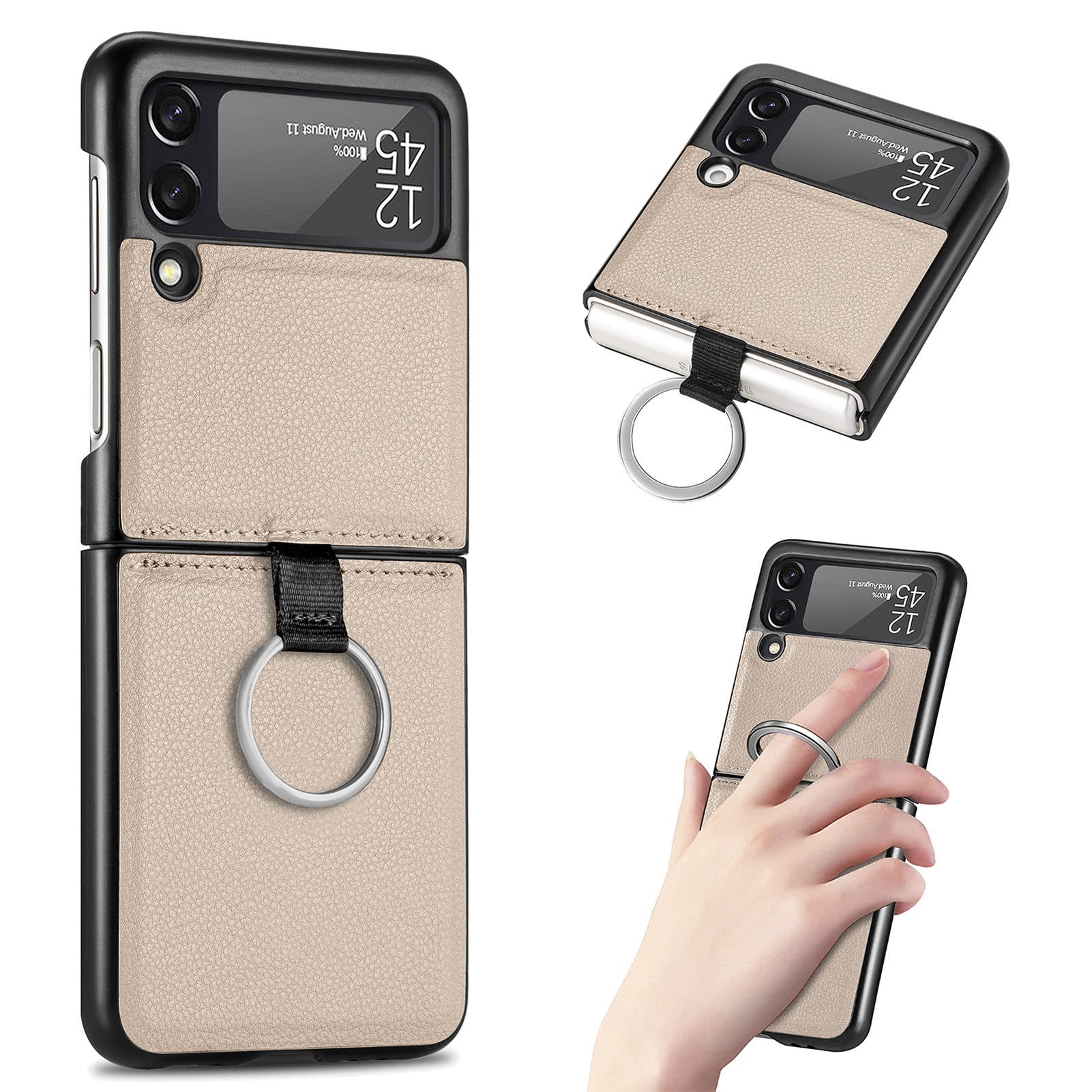 Samsung Galaxy Z Flip 4 Case - Ultra Thin Hard PC Cover with Outer Screen Protector & Ring Holder | Shockproof Lightweight Protective Phone Case (Beige) | Perfect for Everyday Use, Travel & Outdoor Activities