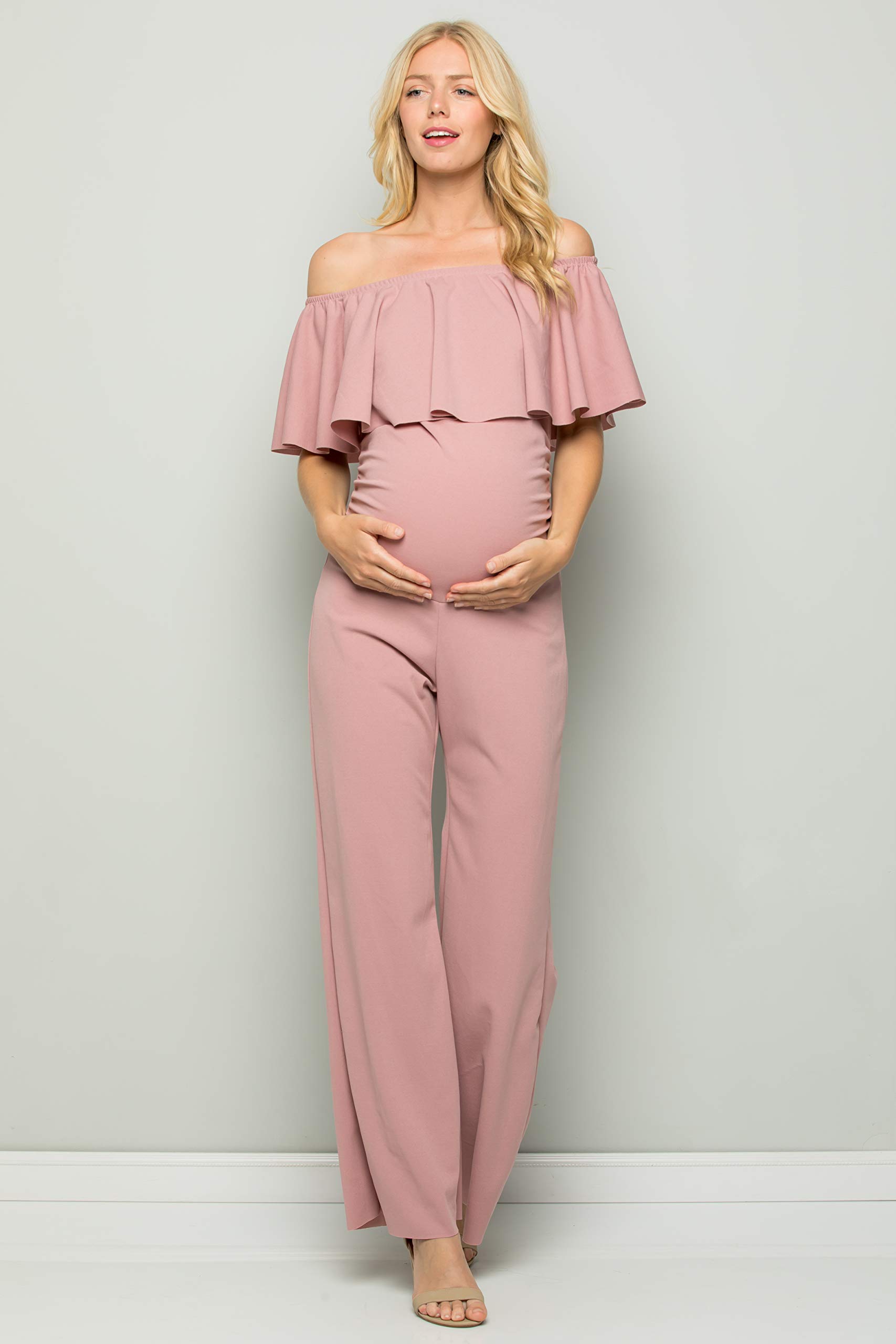 My Bump Maternity Ruffle Off Shoulder Jumpsuit - Made in USA | Stylish Pregnancy Outfit for Baby Showers, Maternity Photos & Special Occasions