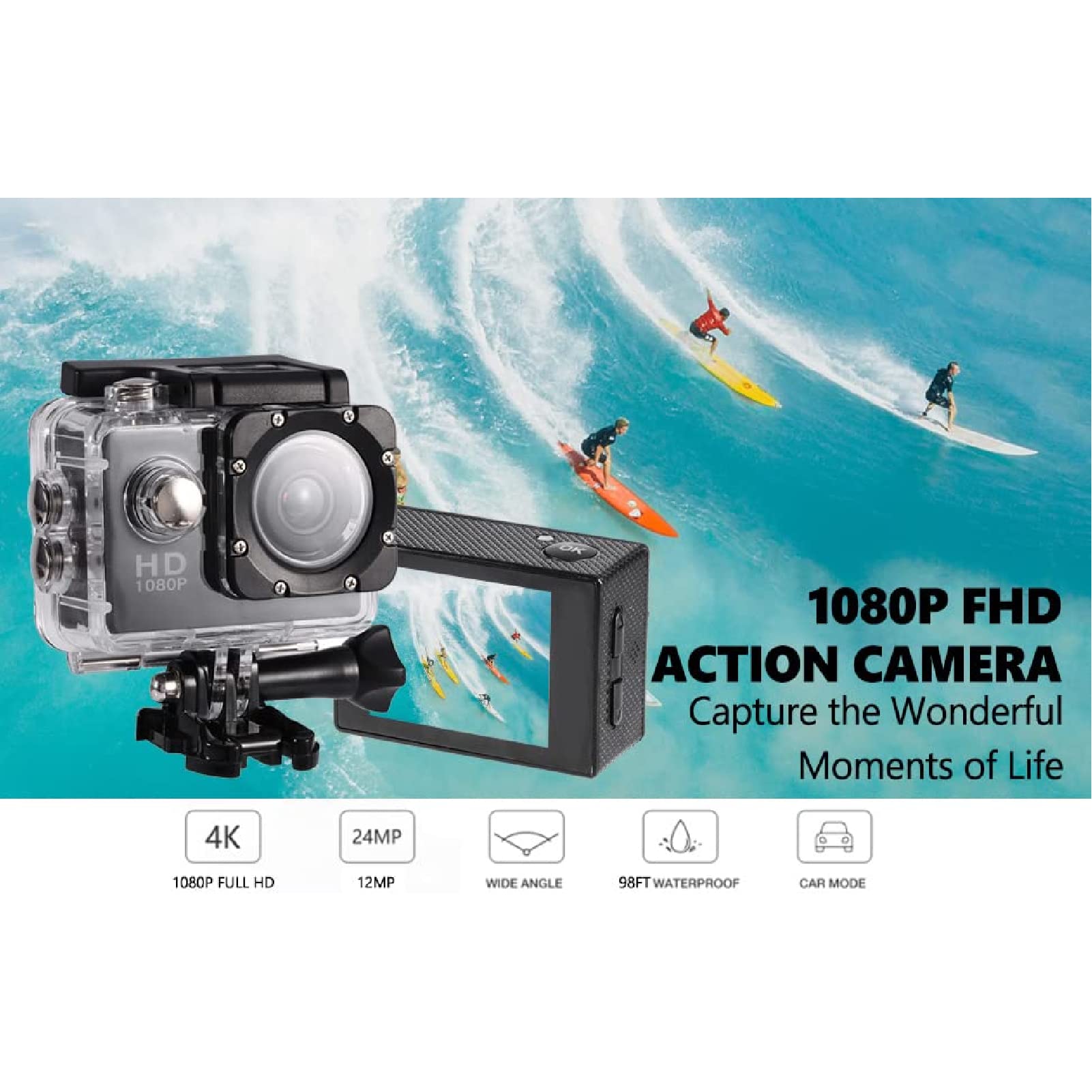 4K Ultra HD Waterproof Action Camera - 30m Underwater, 90° Wide Angle, Helmet Mount - Perfect for Cycling, Diving, Surfing & Outdoor Sports (Black) - Capture Adventure Moments in Stunning Detail