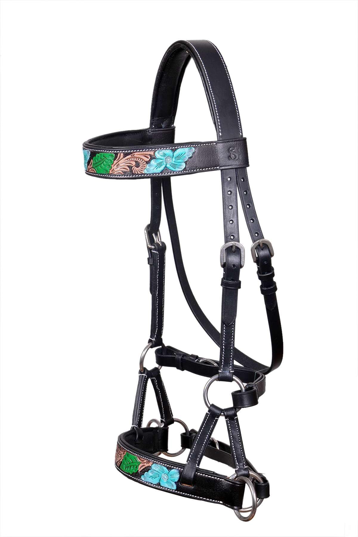 MEWATI Handmade Western Leather Sidepull Bridle - Teal Blue Floral & Green Leaf Tooling - Vegetable Tanned Leather - Perfect for Horse Riding, Training & Equestrian Shows