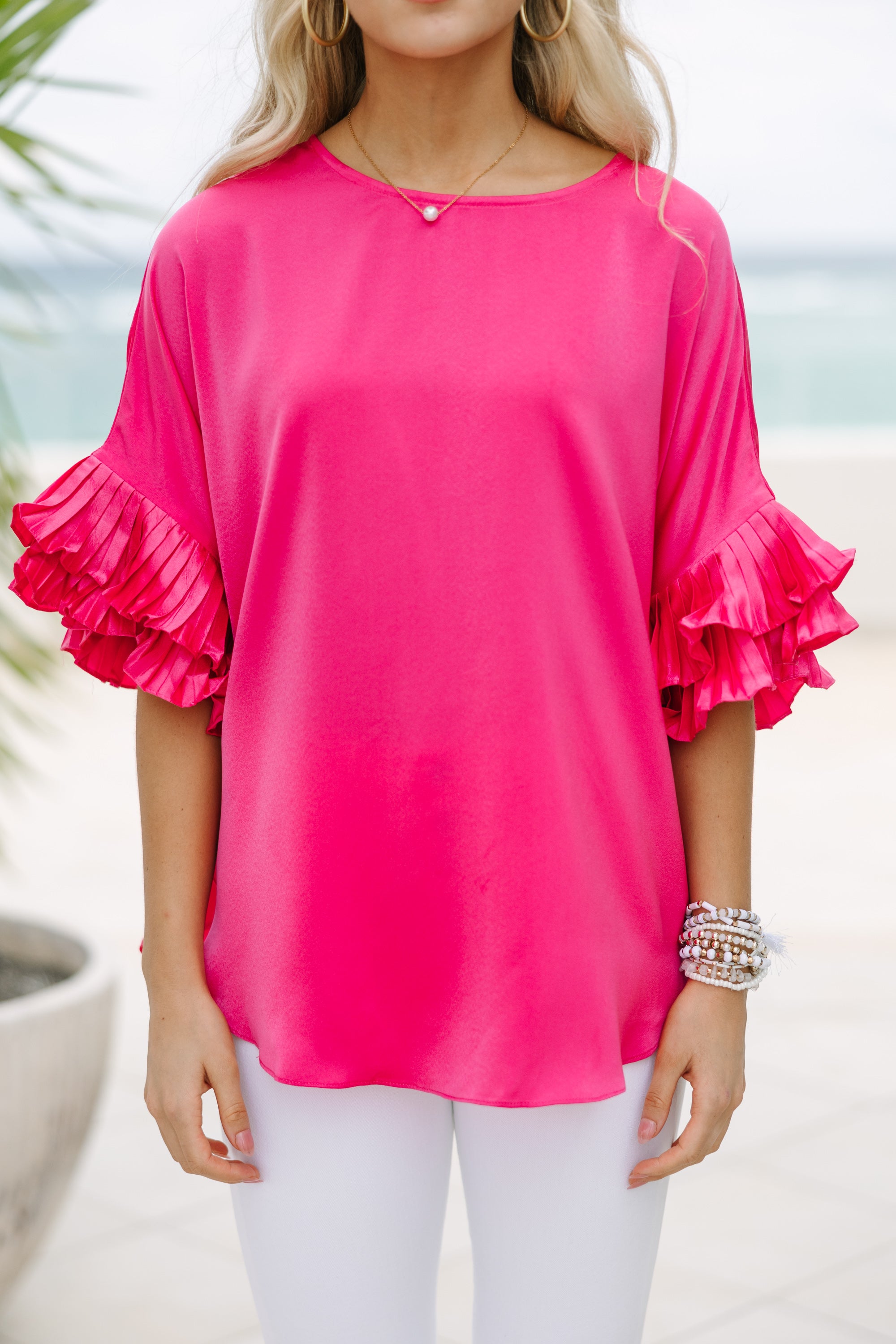Stylish Hot Pink Ruffled Blouse for Women - Elegant Frill Details & Trendy Fashion Top - Perfect for Parties, Dates & Office Wear