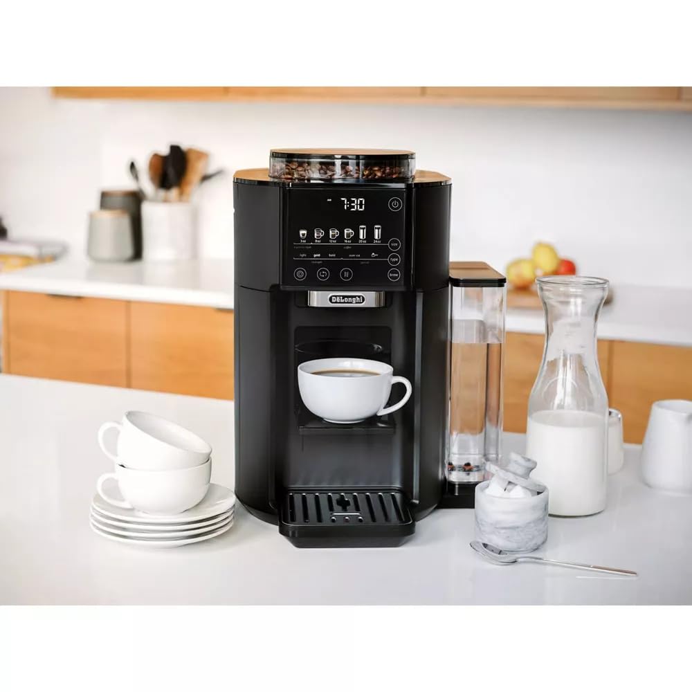 De'Longhi True-Brew Automatic Coffee Maker with Built-in Burr Grinder - One-Touch Espresso & Drip Coffee Machine, 5 Brew Styles, Zero Waste Design, Black Matte Finish - Perfect for Home, Office & Small Cafes