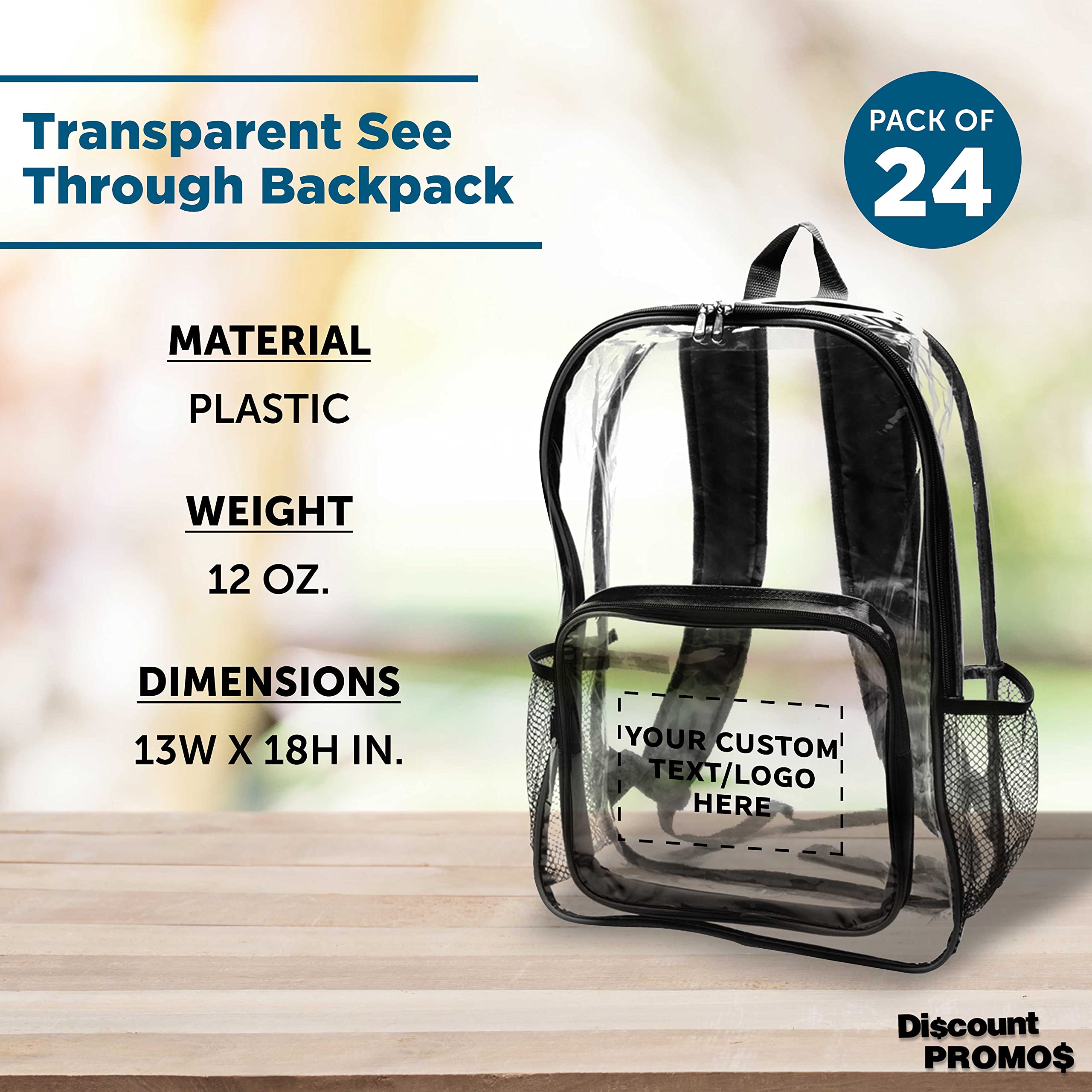 Custom Heavy Duty Clear PVC Backpacks - Set of 24 Bulk Pack, Water Resistant & Durable for Travel, School, Events & Security Use - Clear/Black Options Available