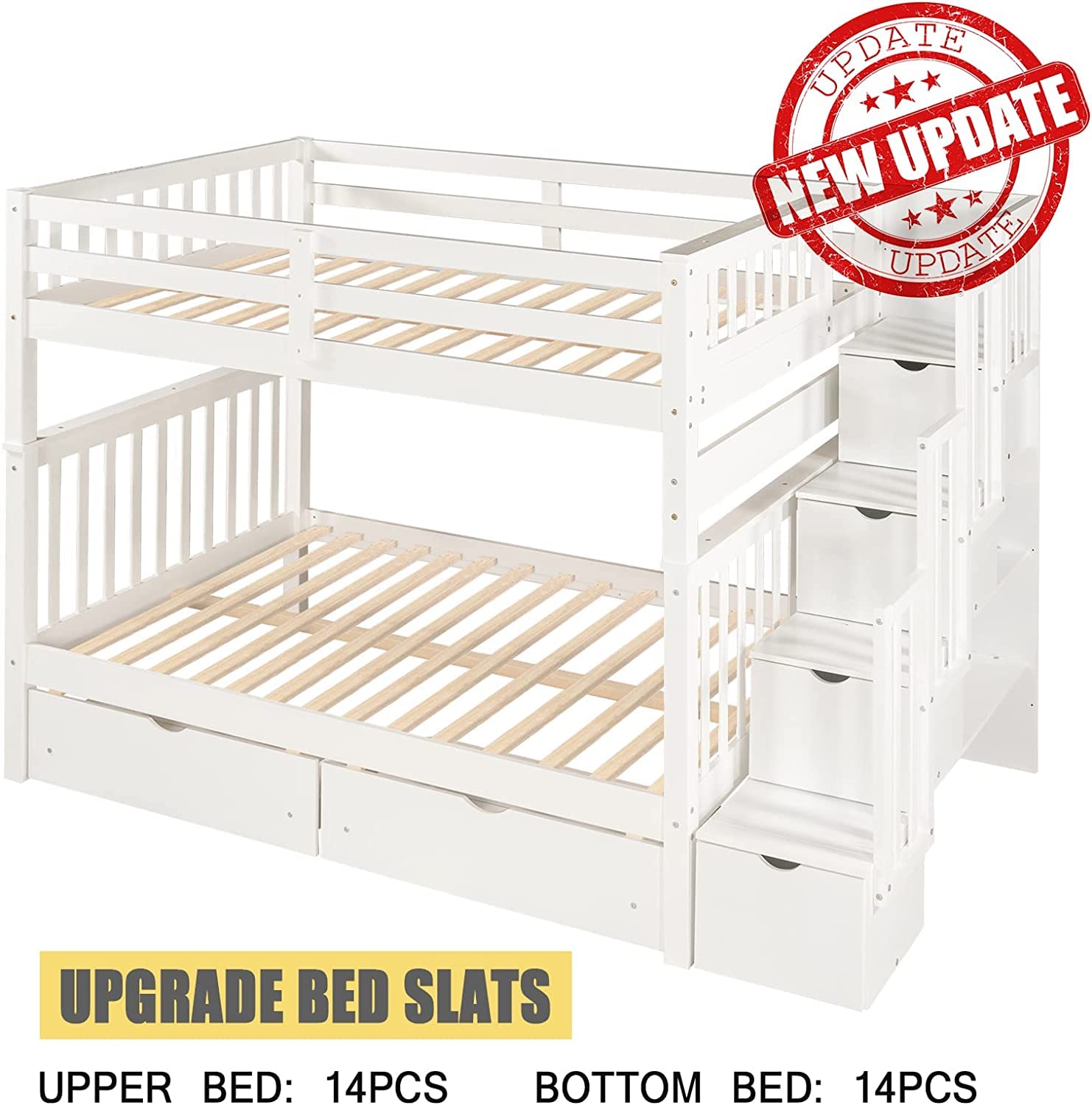Harper & Bright Designs Full Over Full Bunk Bed with Stairs for Adults & Teens - Wooden Bunk Bed with 6 Storage Drawers & Shelves - Detachable Full Size Bunk Bed for Kids, Boys & Girls - White - Perfect for Small Bedrooms, Guest Rooms & Dormitories