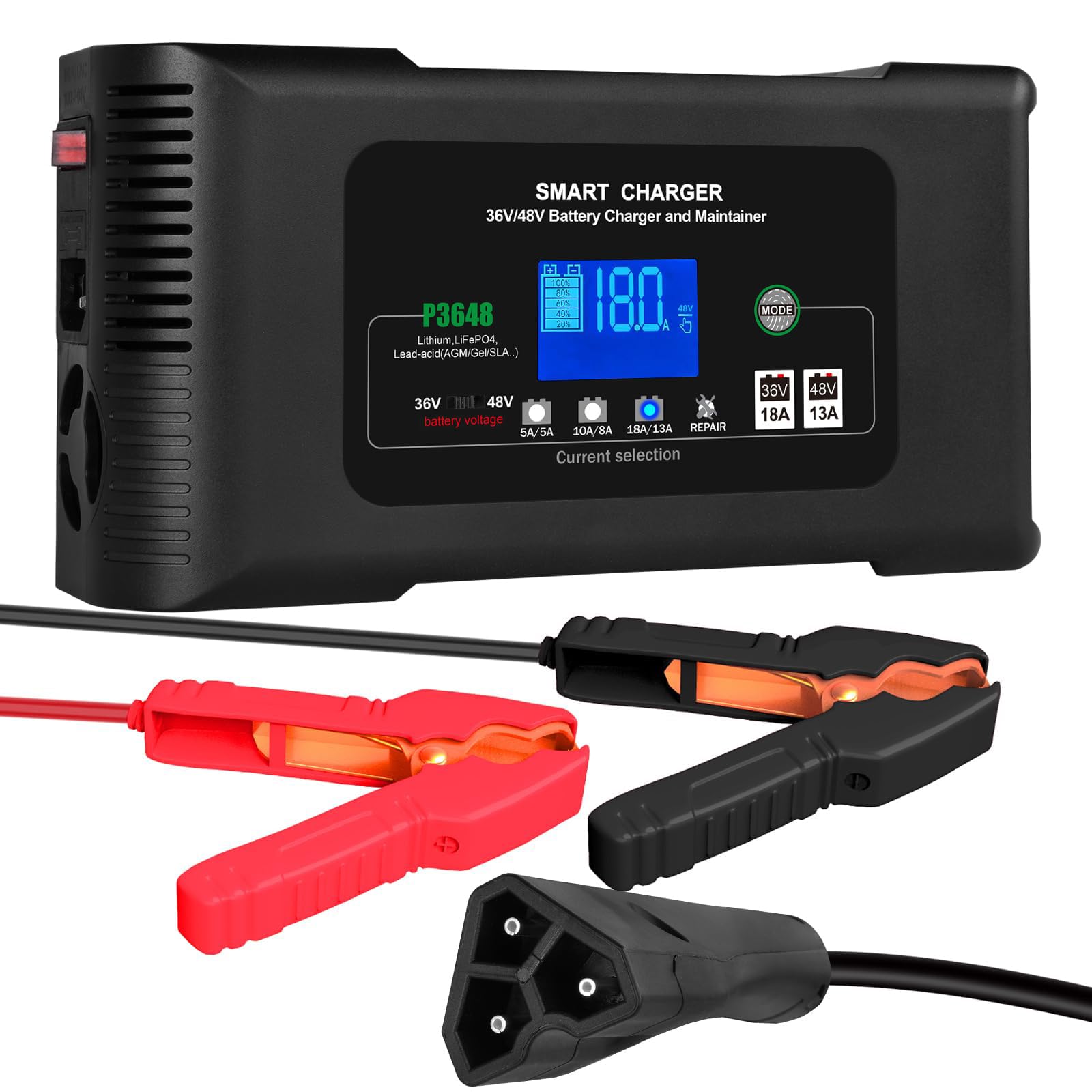 48V 13A & 36V 18A Smart Golf Cart Battery Charger with LCD Display - Lithium/LiFePO4/Lead-Acid AGM/Gel/SLA Trickle Charger - Compatible with EZGO RXV & TXT (3-Pin Triangle Connector) - Perfect for Golf Carts, Electric Vehicles & Marine Batteries