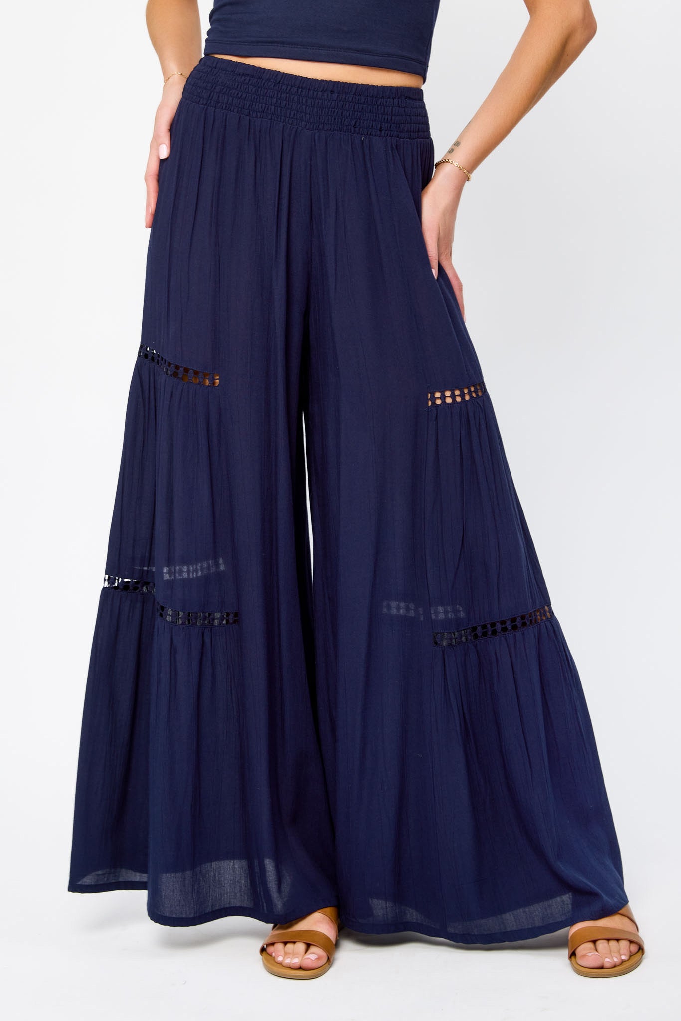 Crinkle Gauze Wide Leg Pants with Crochet Trim - Boho Chic Lounge Pants for Women, Perfect for Yoga, Beach, and Summer Vacation