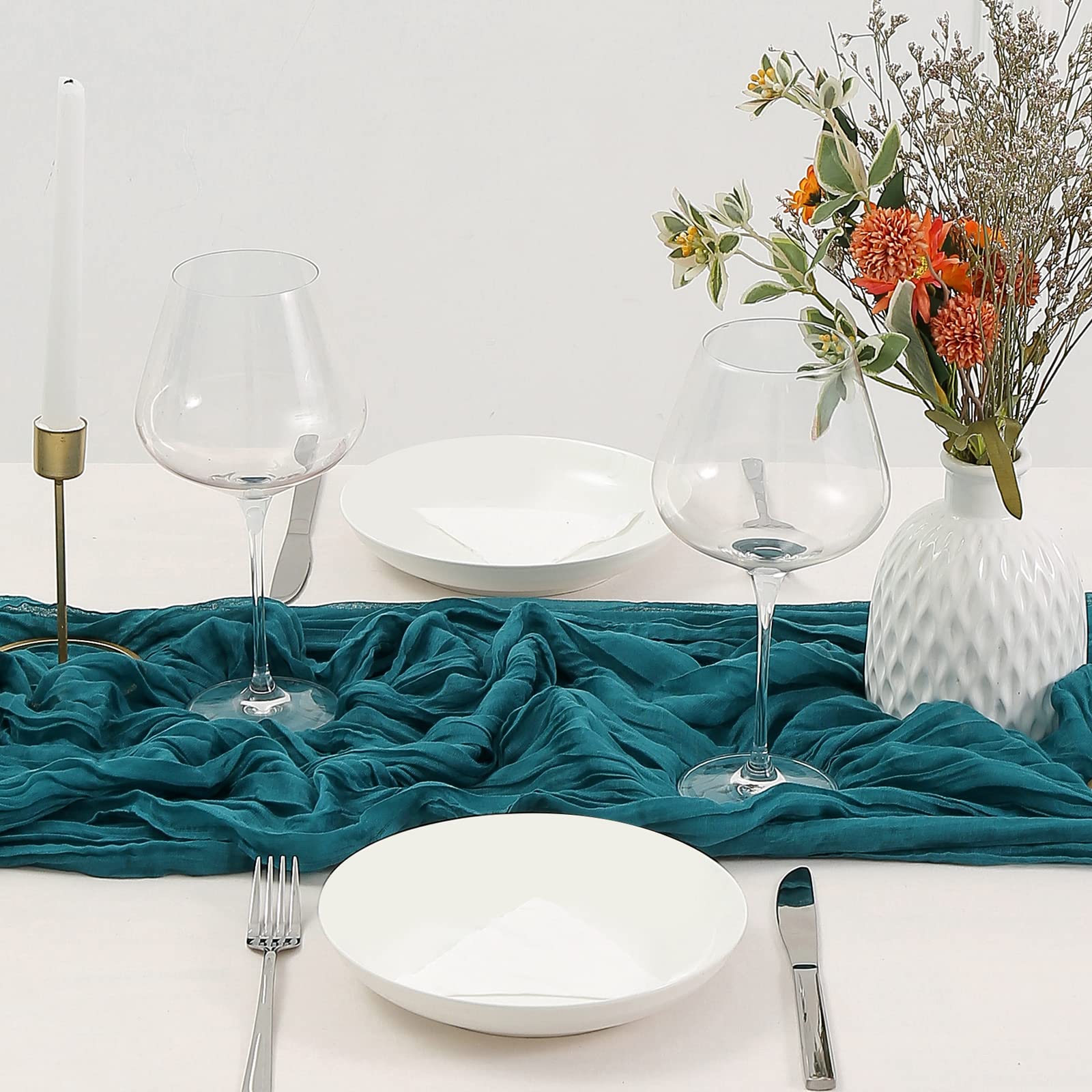 8PCS Teal Cheesecloth Table Runner Set - 13.3ft Boho Gauze Fabric, Rustic Sheer Table Decor (160 Inches Long) for Wedding, Bridal Shower, Baby Shower, Birthday Party, Cake Table & Home Decorations