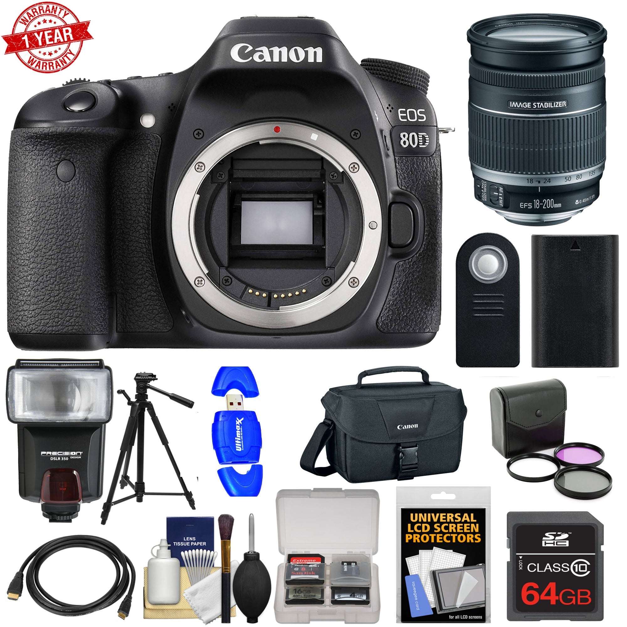 Canon EOS 80D DSLR Camera with 18-200mm IS Lens, 64GB Memory Card, Extra Battery, Case, Flash & Tripod Kit - Perfect for Travel Photography, Vlogging & Professional Shooting