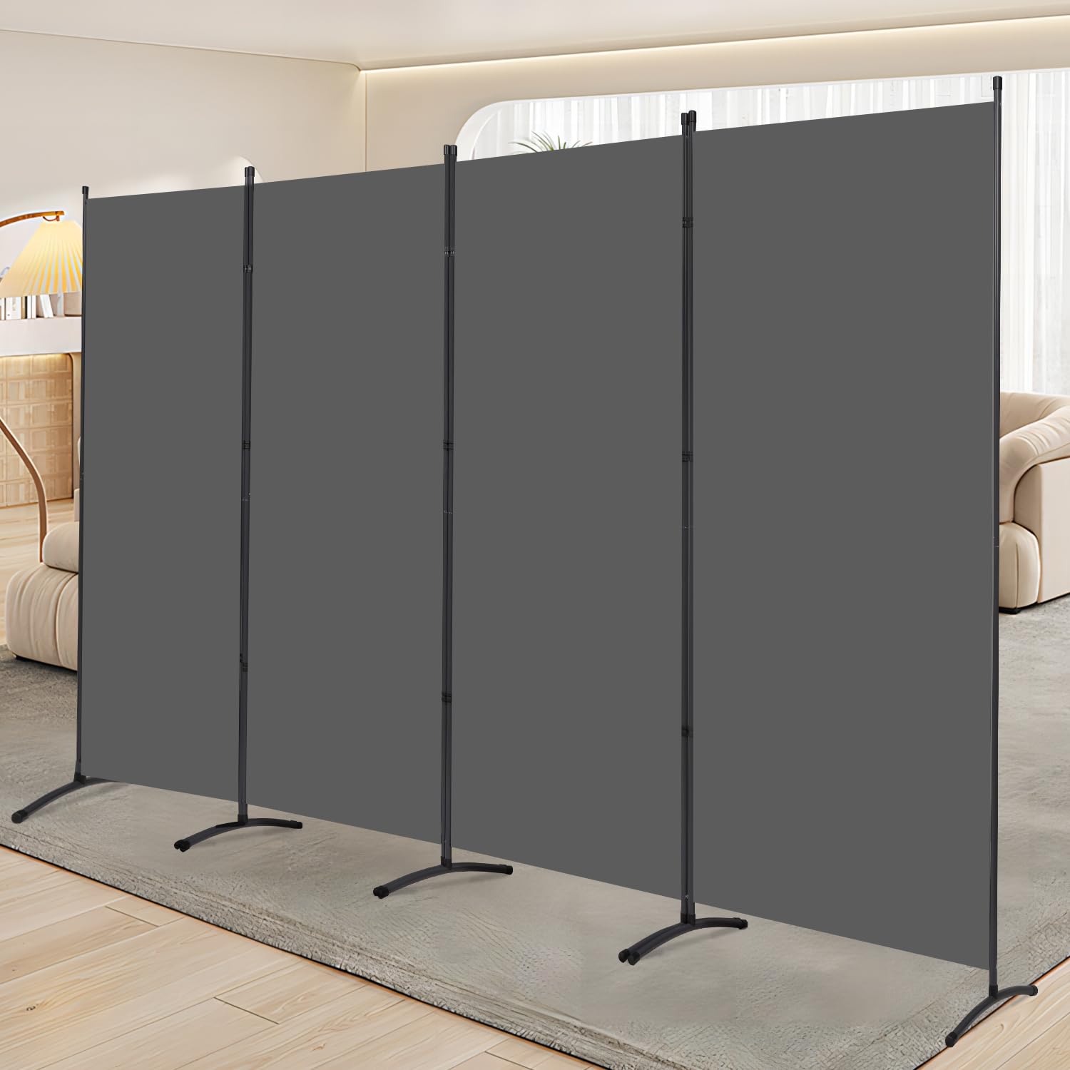 YASRKML 4-Panel Folding Room Divider Privacy Screen - Portable Freestanding Partition Panel with Fabric for Home, Office & Event Separation - Grey | Ideal for Bedroom Privacy, Office Space Division & Wedding Decor