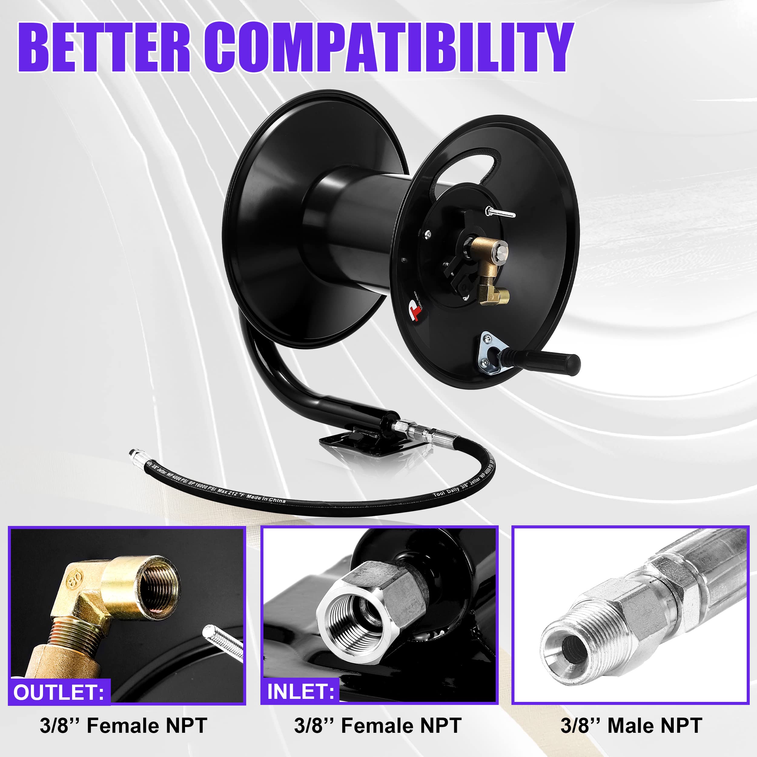 Heavy Duty Pressure Washer Hose Reel with Swivel - 50ft Commercial Grade Whip Hose for Power Washing, Car Washing & Home Cleaning - Ideal for Driveway, Deck, Patio & Outdoor Cleaning