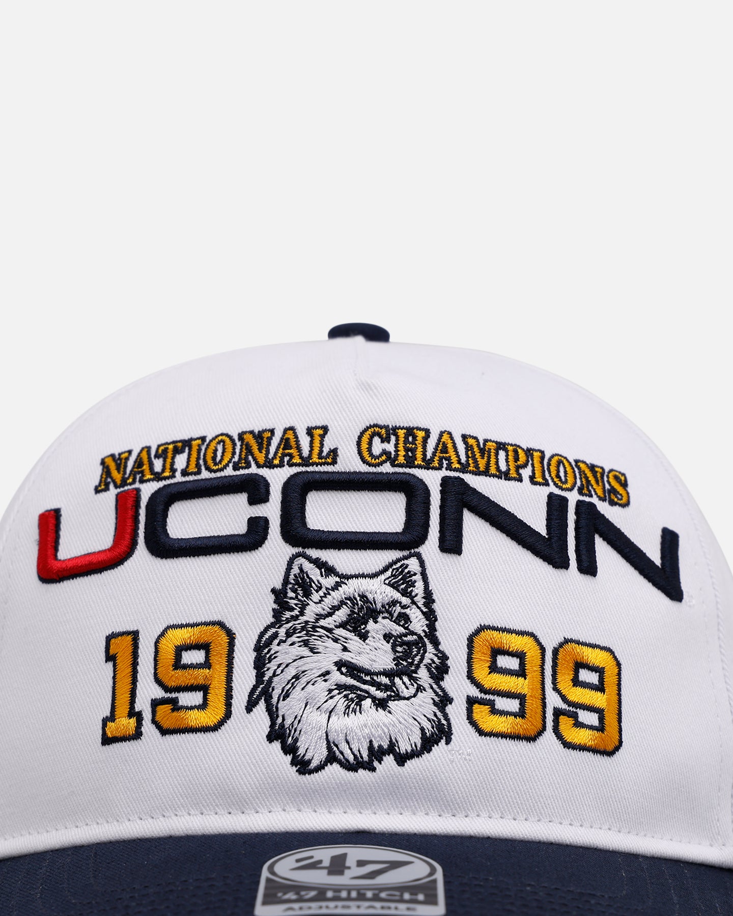 47 Brand UCONN 1999 March Madness Snapback Hat - White and Navy Adjustable Baseball Cap for Men and Women - Perfect for Basketball Games, Sports Events and Casual Wear
