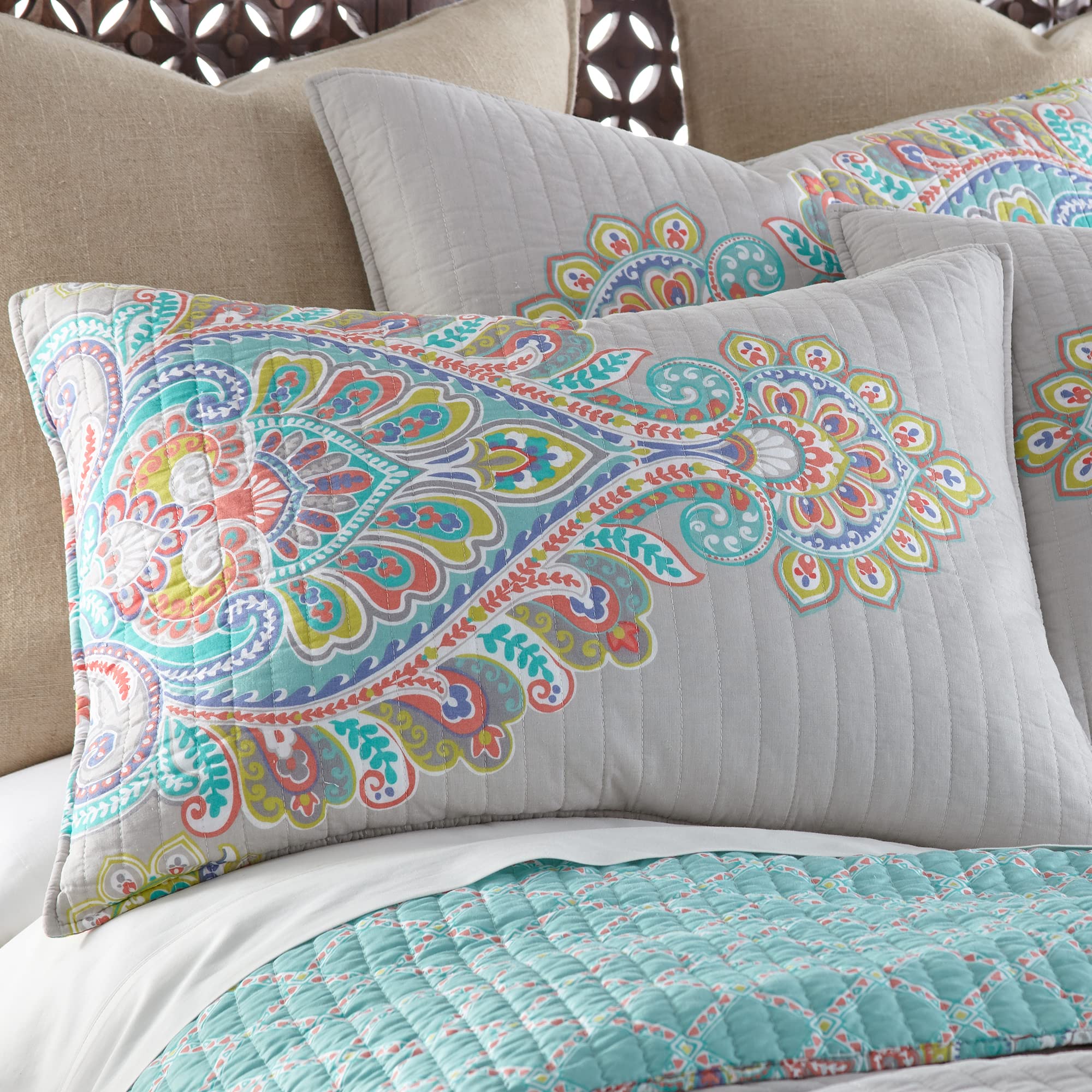 Levtex Home Deniza King Quilt Set - 100% Cotton Paisley Pattern Bedding in Grey, Teal & Red | Luxury Comfort for Master Bedroom & Guest Room Decor