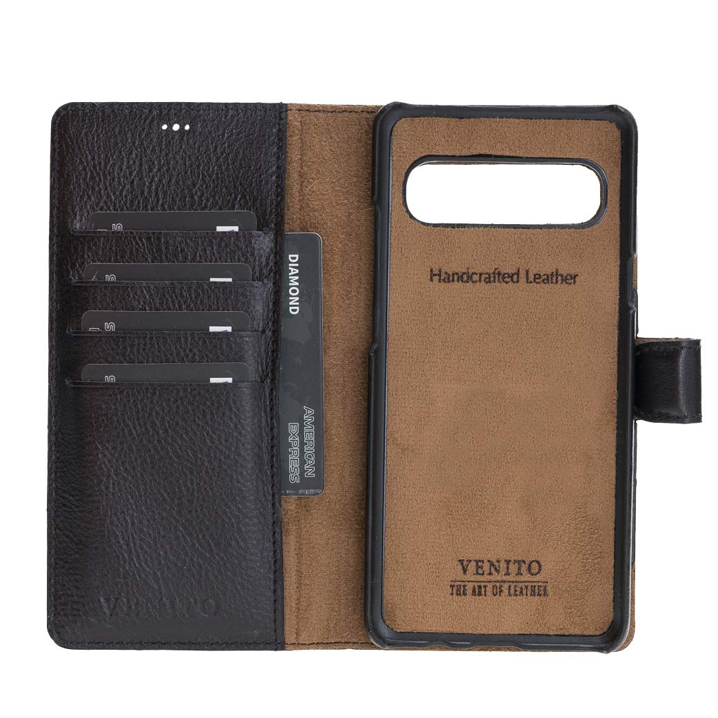 Venito Florence Genuine Leather Wallet Phone Case for Samsung Galaxy S10 5G - RFID Blocking for Security - Detachable Magnetic Wallet - Rustic Black - Perfect for Travel, Business & Everyday Use