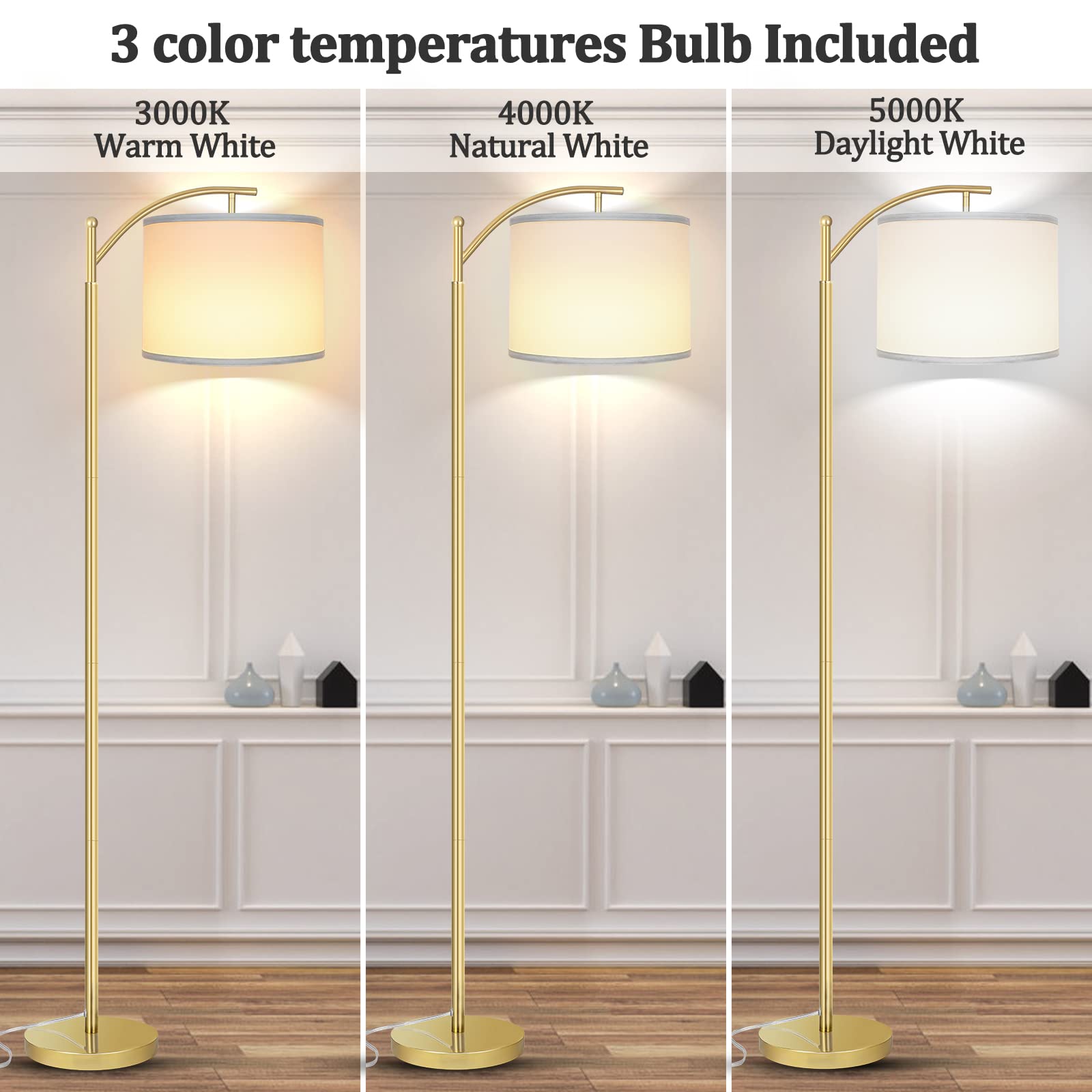 ROTTOGOON Modern LED Floor Lamp with White Shade - 9W Bulb Included, Industrial Standing Light for Living Room, Bedroom, Office & Study - Gold Finish | Perfect for Reading, Working & Ambient Lighting