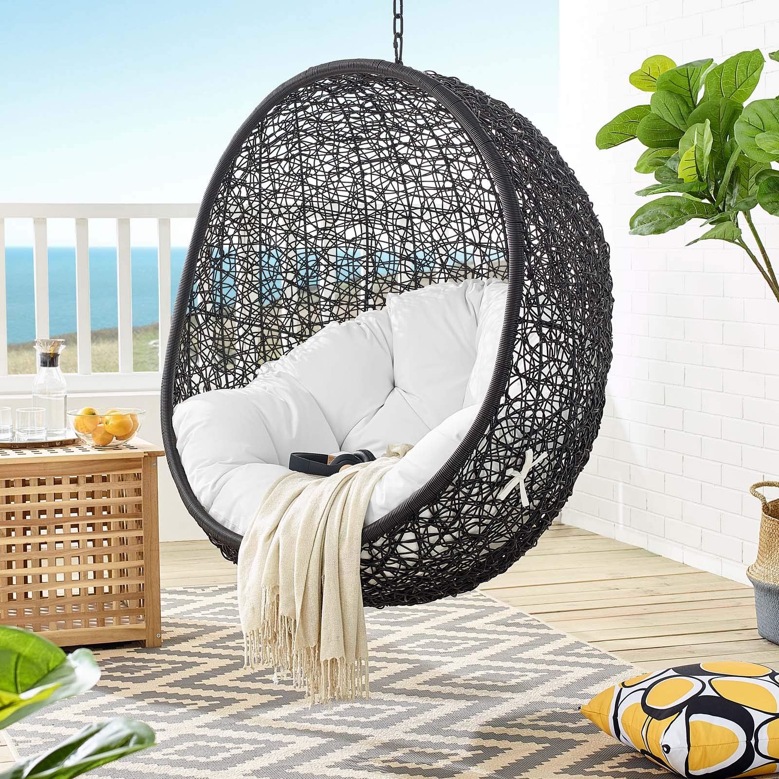 Modway Encase White Wicker Rattan Egg Swing Chair with Stand - Outdoor Patio Hanging Chair for Garden, Porch, Backyard Relaxation & Boho Decor