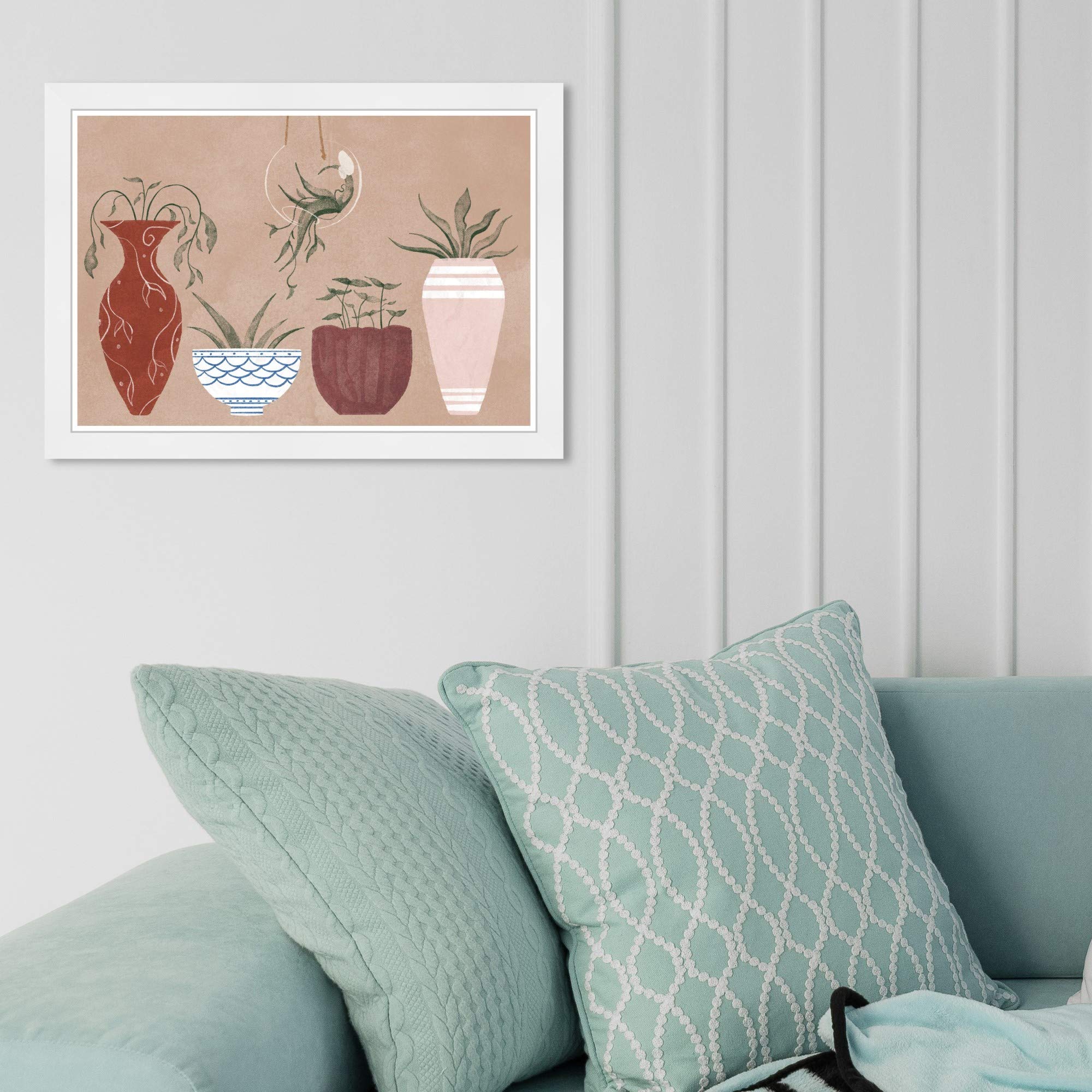 Wynwood Studio Floral Framed Wall Art Prints 'Her Favorite Pots' - Botanical Home Decor Painting, 19x13 Inches, Pink & Brown - Perfect for Living Room, Bedroom or Office Wall Decoration