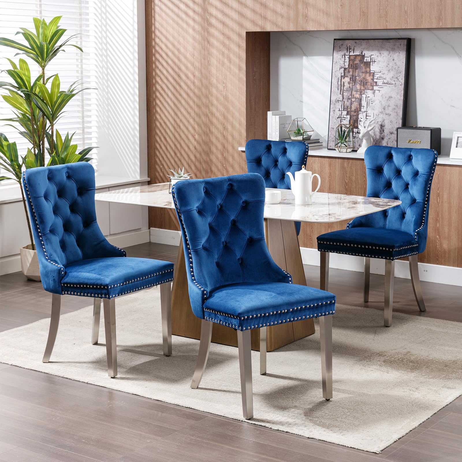 Luxury Blue Velvet Dining Chairs Set of 4 - Tufted Upholstered Kitchen & Dining Room Chairs with Chrome Metal Legs - Perfect for Modern Home, Restaurant, and Office Decor (Blue, 4 Pieces)