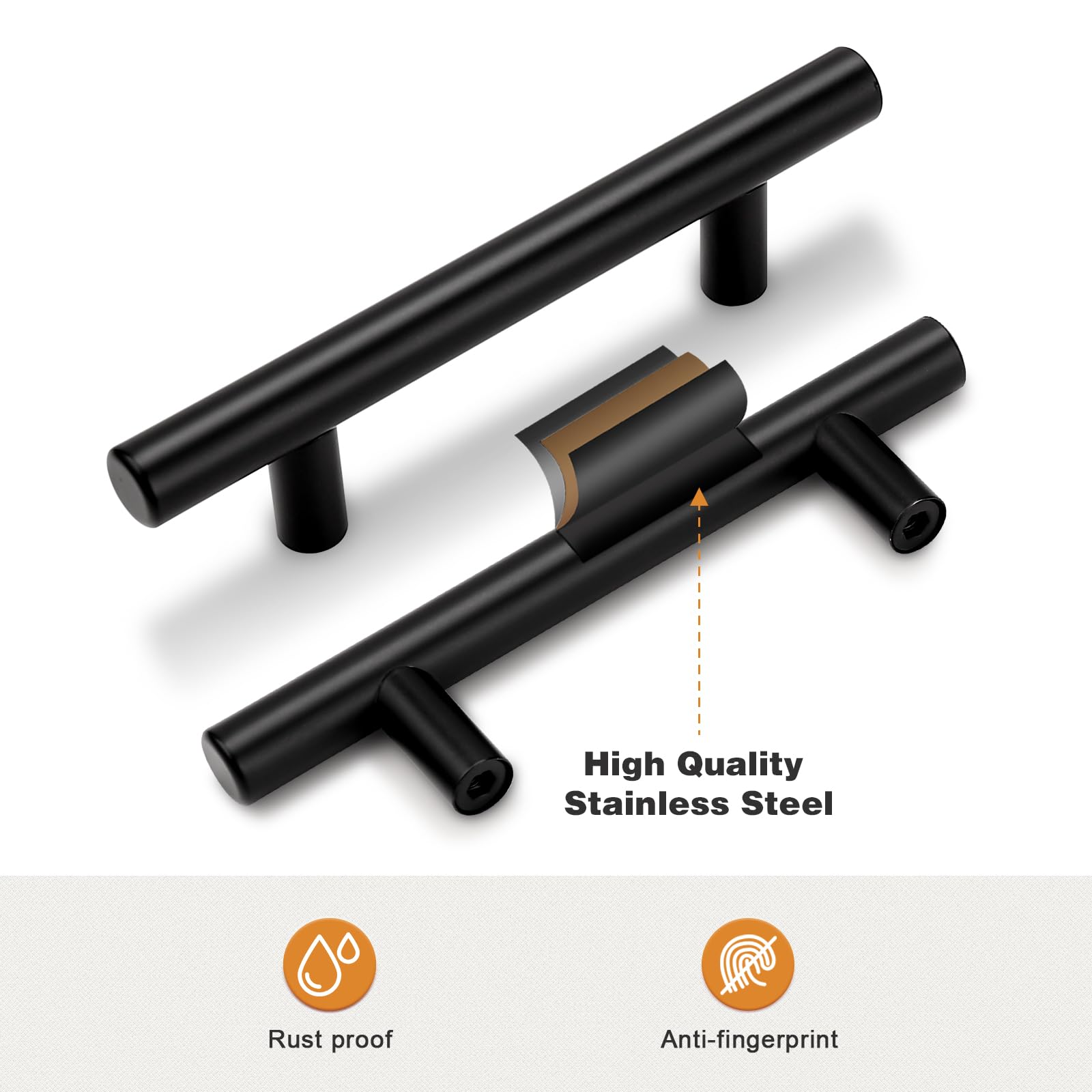 Probrico 10 Pack 3 Inch Hole Center Kitchen Cabinet Handles - Black Euro T Bar Drawer Pulls for Cabinets & Dressers - Durable Stainless Steel Cupboard Handles (5