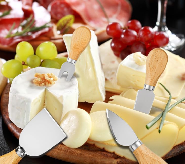 Premium 4-Piece Stainless Steel Cheese Knife Set - Cheese Knife, Fork, Slicer & Butter Knife - Perfect for Charcuterie Boards, Wine Pairings & Cheese Tasting Parties - Elegant Cheese Tools for Entertaining & Gourmet Food Presentation