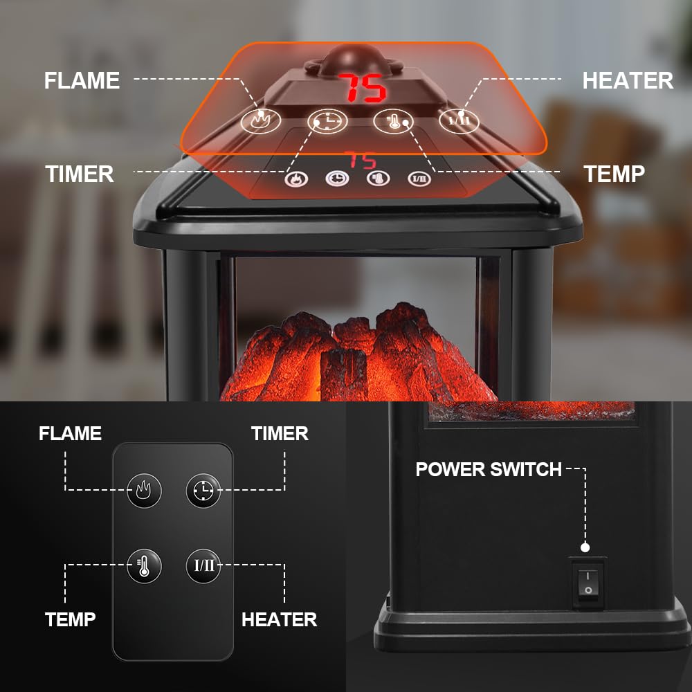 Portable 3-Sided Electric Fireplace Heater - Freestanding Mini Indoor Space Heater with Realistic Flame, Thermostat, Timer & Remote Control - Overheat Protection - Perfect for Living Rooms, Bedrooms & Offices