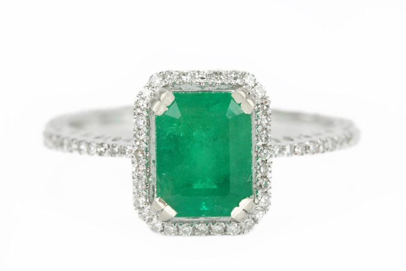 1.35tcw Medium Green Emerald Pave Halo Engagement Ring 14K Gold – Elegant Wedding Ring for Women, Perfect Proposal Gift & Anniversary Jewelry