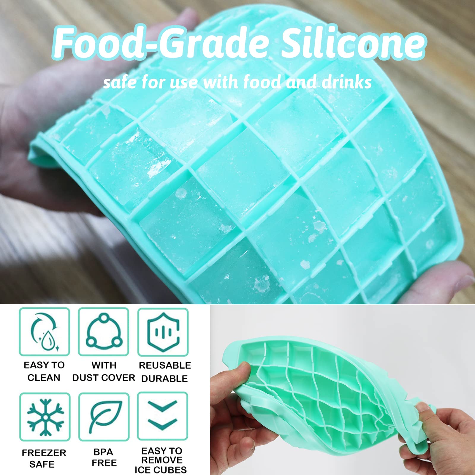 36 Nugget Food-Grade Silicone Ice Cube Tray with Lid & Storage Bin - Flexible Ice Mold Set Includes Scoop, Tongs & Silicone Funnel - Perfect for Cocktails, Smoothies & Party Drinks (Green, 2-Pack)
