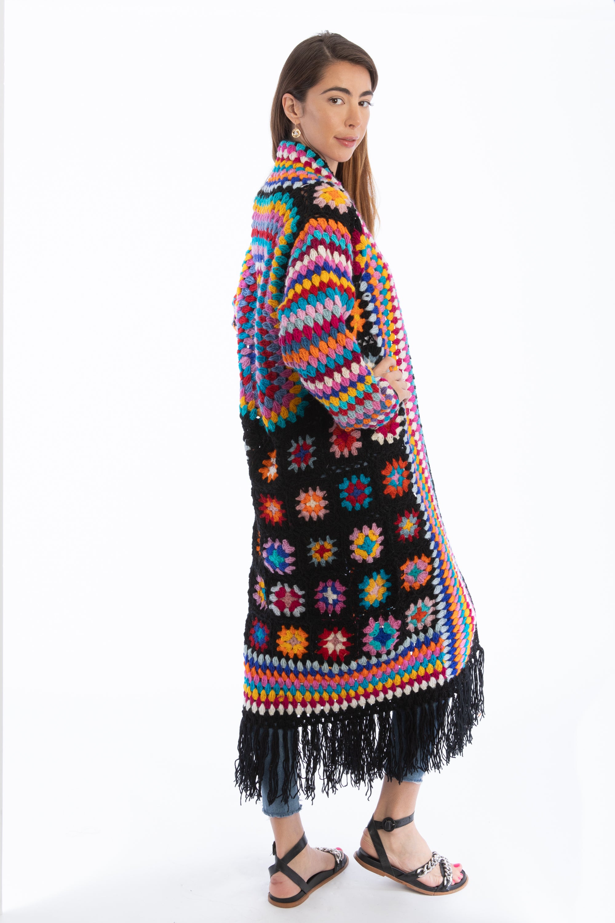 Bohemian Fringed Crochet Kimono Long Cardigan - Lightweight Lace Cover Up for Women - Perfect for Beach, Music Festivals & Summer Outfits