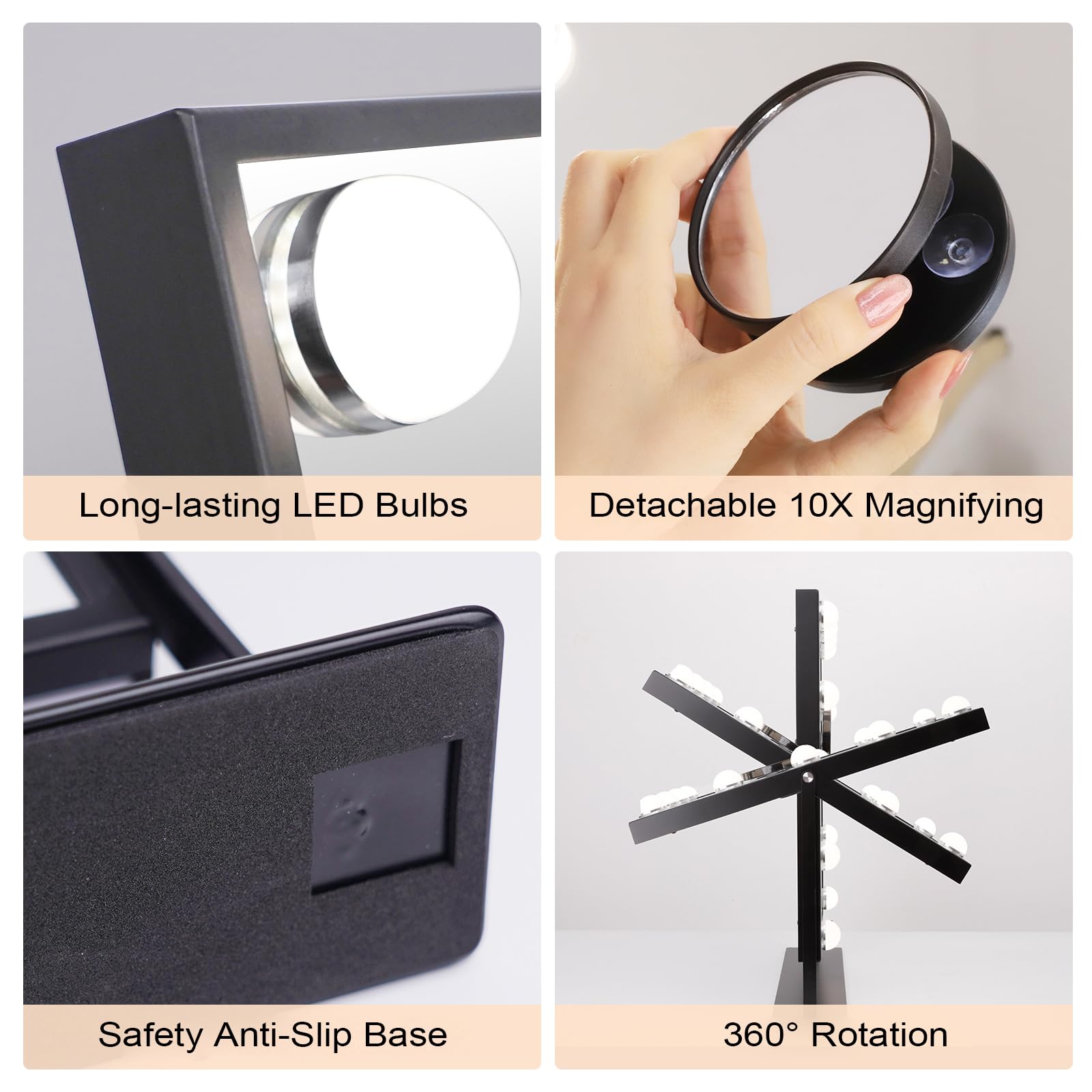 FENCHILIN Hollywood Vanity Mirror with LED Lights - Smart Touch Control, 3-Color Dimmable Lighting, 10X Magnification & 360° Rotation - Detachable Black Makeup Mirror for Professional Makeup Application & Home Beauty Station