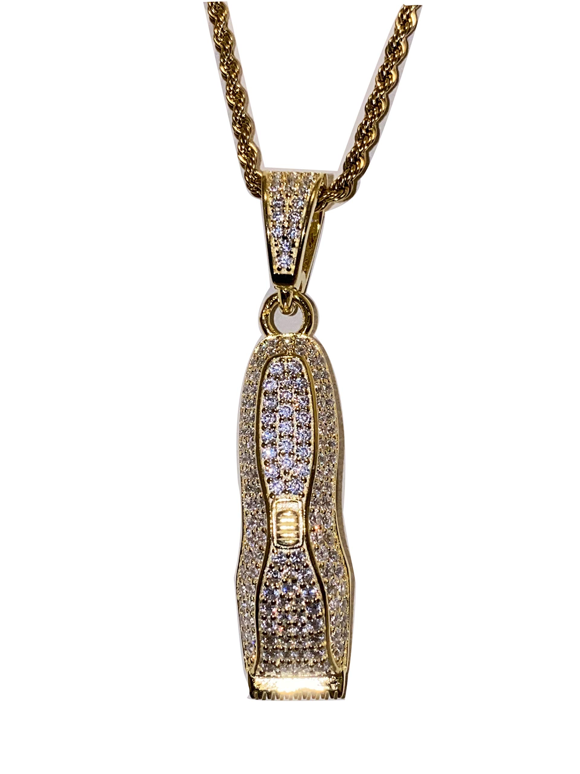 925 Sterling Silver Iced Barber Razor Charm Pendant with 2mm Stainless Steel Rope Chain Necklace for Men & Women - Italian Gold Finish, Hip Hop Jewelry, Perfect for Gifts, Parties, and Everyday Wear
