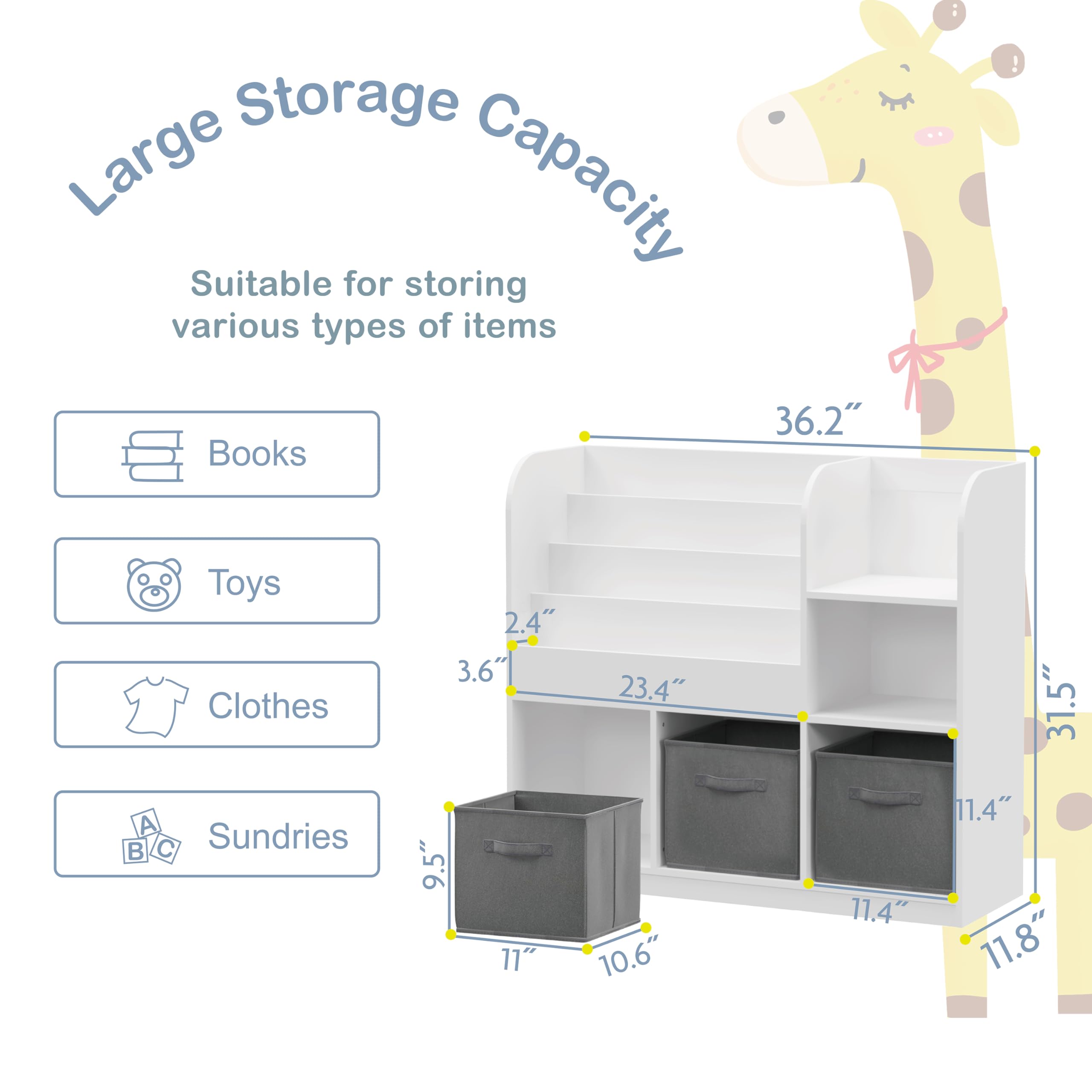 Kids Bookcase and Bookshelf with 3 Collapsible Fabric Drawers - Multi-Layer Toy Organizer for Nursery, Bedroom & Playroom - Perfect for Storytime, Toy Storage & Kids Room Organization