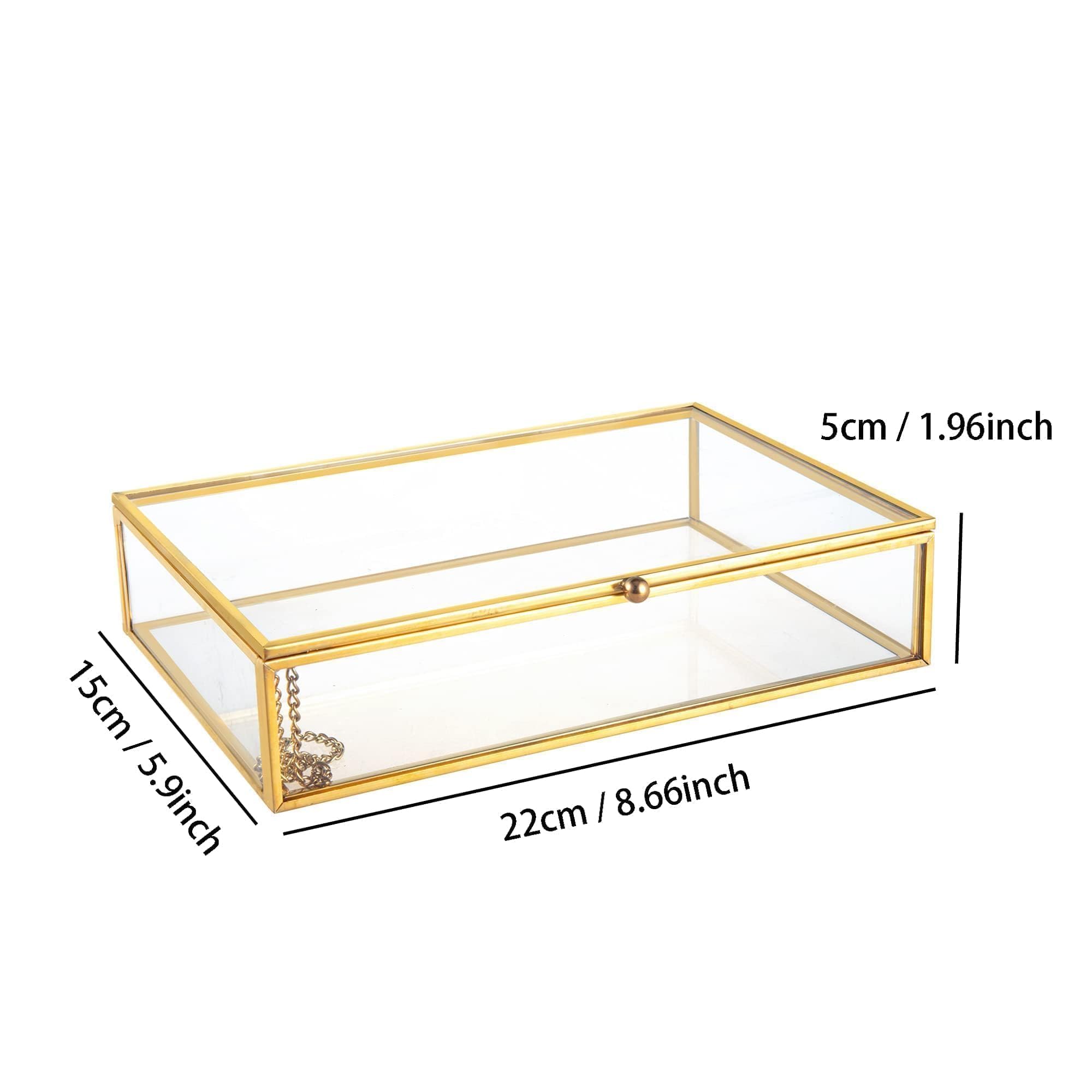 Feyarl Gold Glass Jewelry Box - 5x7 Photo Card Organizer with Lid - Decorative Keepsake Storage Case for Rings, Necklaces & Small Treasures - Perfect for Home Decor, Gift Wrapping & Vanity Display (8.66 x 5.9 x 1.96 Inches)