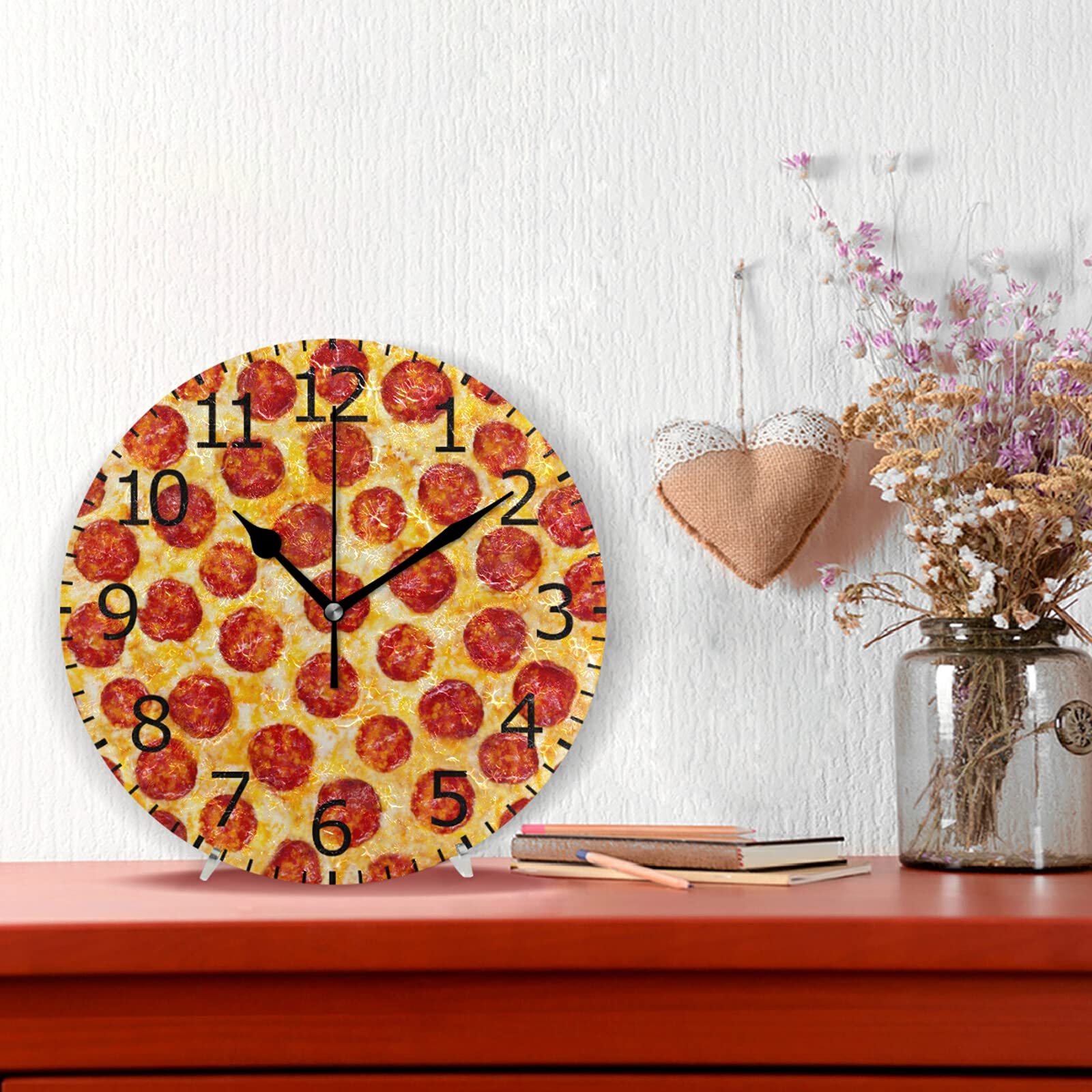 ALAZA Pepperoni Pizza Themed Acrylic Silent Non-Ticking Round Wall Clock - Perfect for Kitchen, Garage, Basement, Restaurant & Workshop Decor