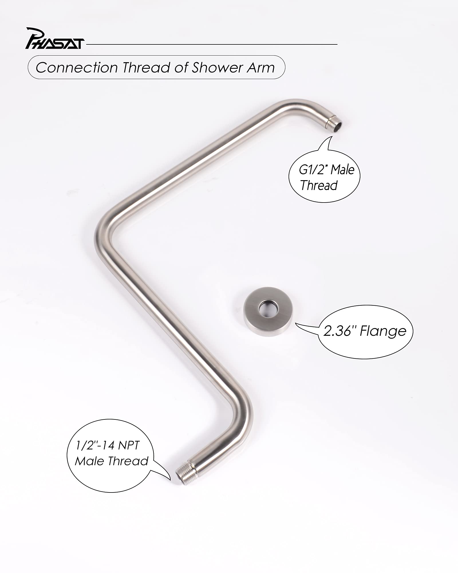 High Rise S Shaped Shower Arm 16.65 Inches - Brushed Nickel Shower Head Extension with Flange | Durable Replacement for Bathroom & Shower Upgrades | Perfect for Modern Home, Spa, and Hotel Renovations