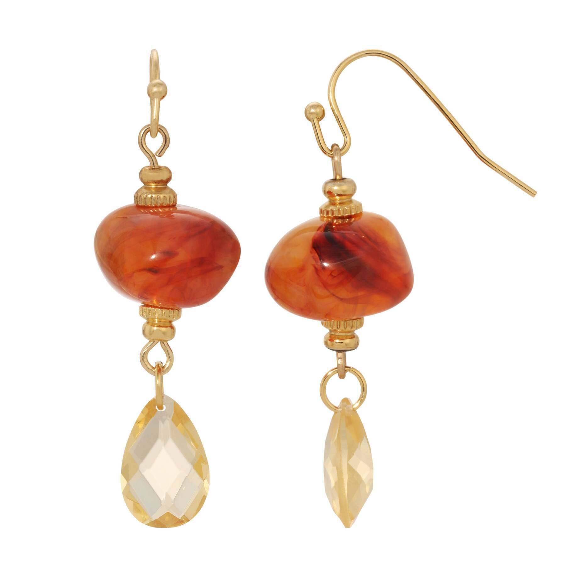 1928 Jewelry Marble Effect Carnelian Nugget Bead & Light Topaz Briolette Crystal Dangle Earrings - Elegant Bohemian Style Handmade Earrings for Women, Perfect for Parties, Weddings and Everyday Wear