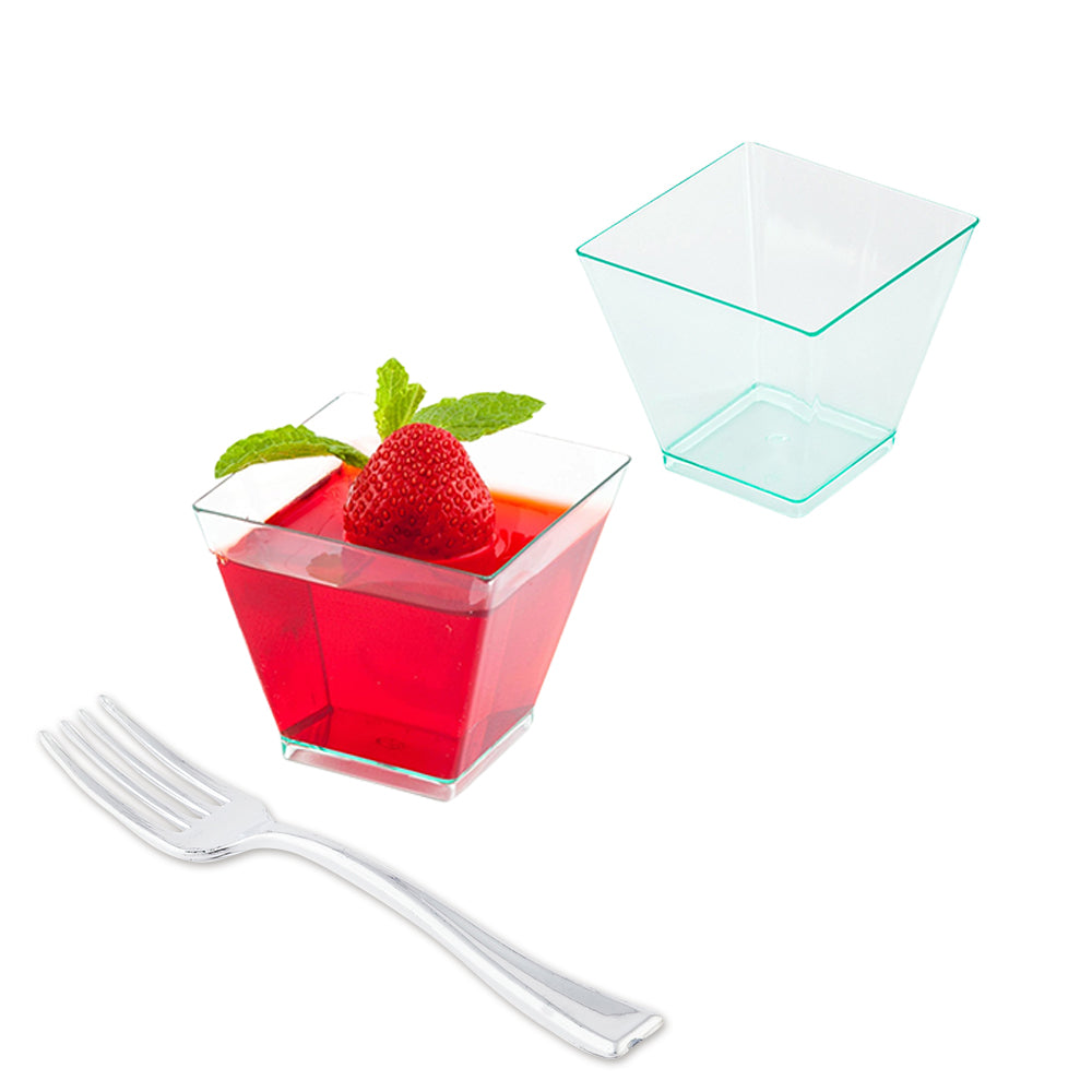 100 Pack 2 oz Square Seagreen Plastic Mini Kova Cups & 100 Silver Plastic Mini Forks - Perfect for Party Favors, Baby Showers, Wedding Receptions, and Dessert Serving