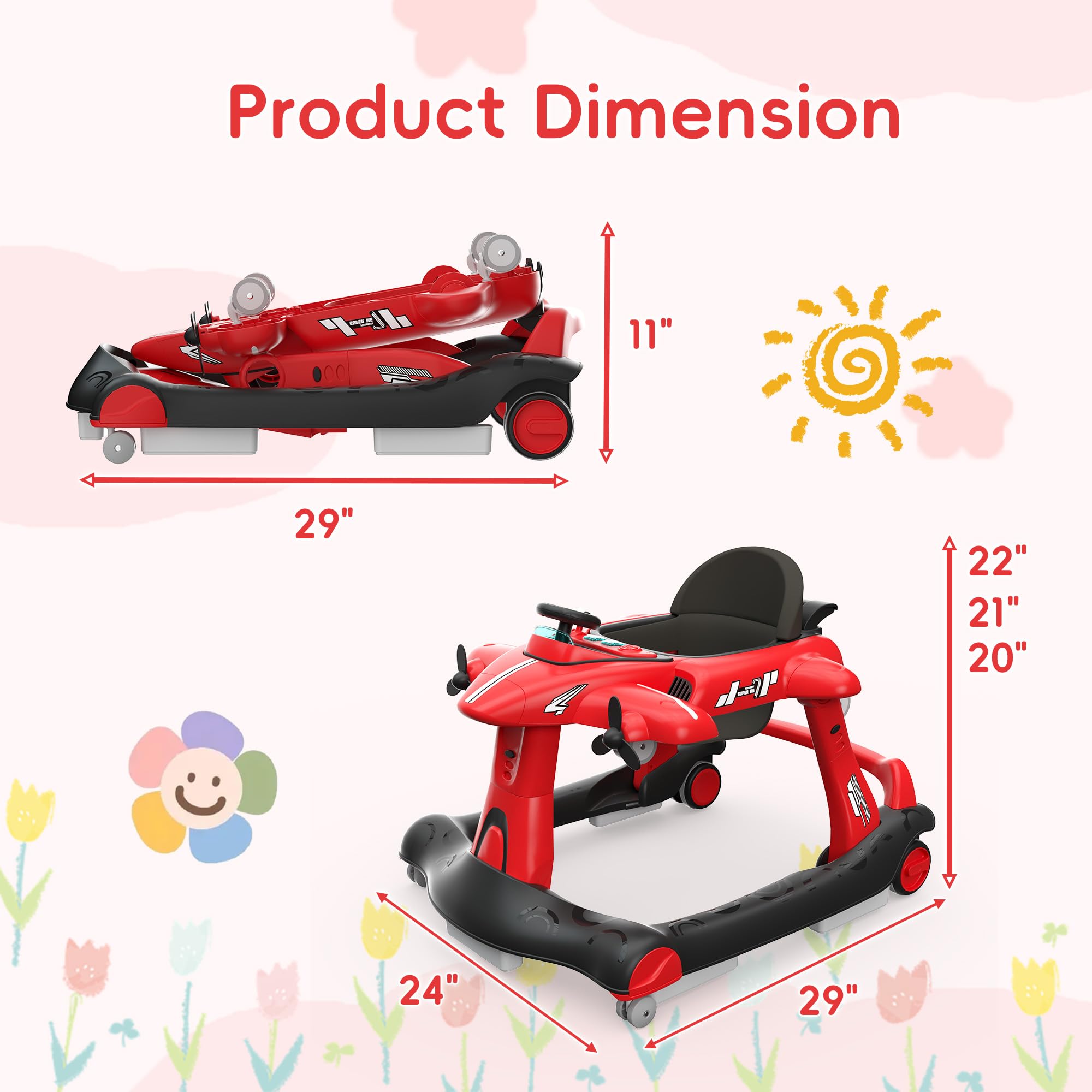 6-in-1 Foldable Baby Walker with Adjustable Height & Speed - Airplane-Themed Activity Push Walker with Music, Lights & Anti-Slip Wheels - Perfect for Boys & Girls 6-18 Months - Ideal for Learning to Walk, Indoor Play & Developmental Activities