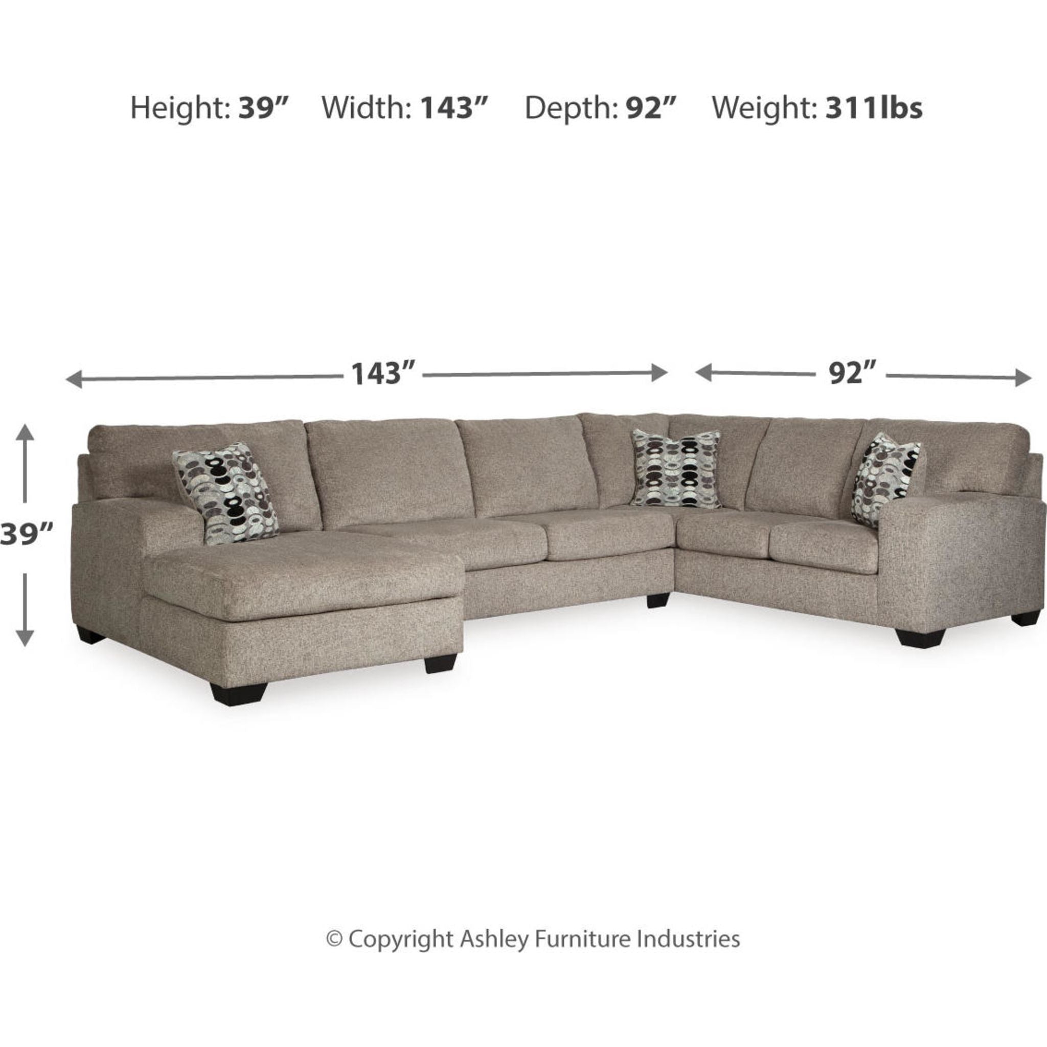 Ballinasloe 3-Piece Sectional Sofa with Chaise Lounge | Modern L-Shaped Couch for Living Room, Family Room & Apartment | Comfortable Fabric Sectional with Reversible Chaise
