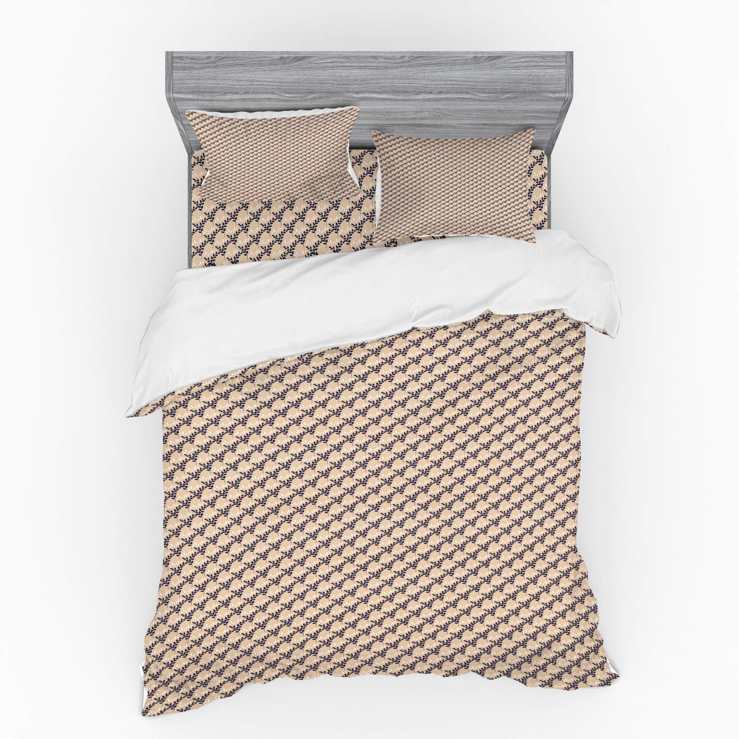 Ambesonne 4-Piece Abstract Duvet Cover Set - Botanical Garden Leaves Print, Queen Size Bedding with Shams & Fitted Sheet in Pale Brown & Dark Grey | Perfect for Modern Bedroom Decor & Plant Lovers